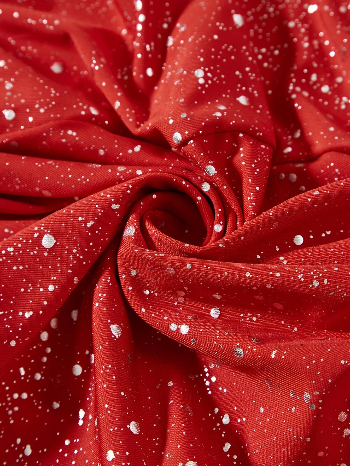 VougeVamp Elegant Red Starry Sky Maxi Dress – Long Sleeve Pleated Gown for Parties & Evening Events