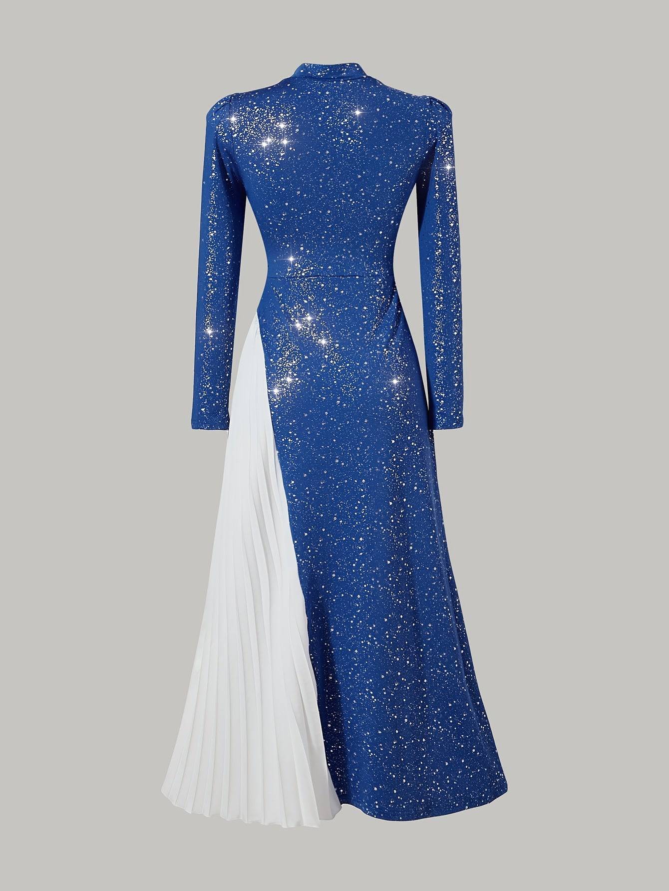 VougeVamp Elegant Red Starry Sky Maxi Dress – Long Sleeve Pleated Gown for Parties & Evening Events