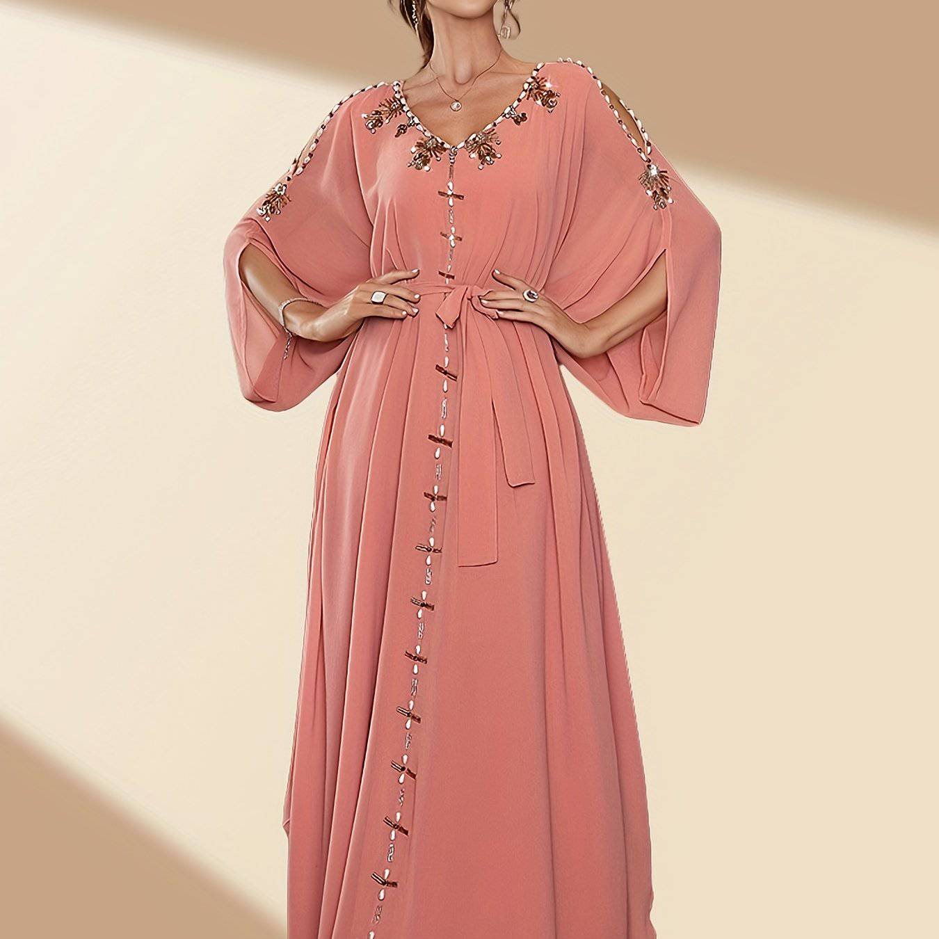 VougeVamp Elegant Off-Shoulder Maxi Dress with Handcrafted Pearl Embellishments and Flounce Sleeves