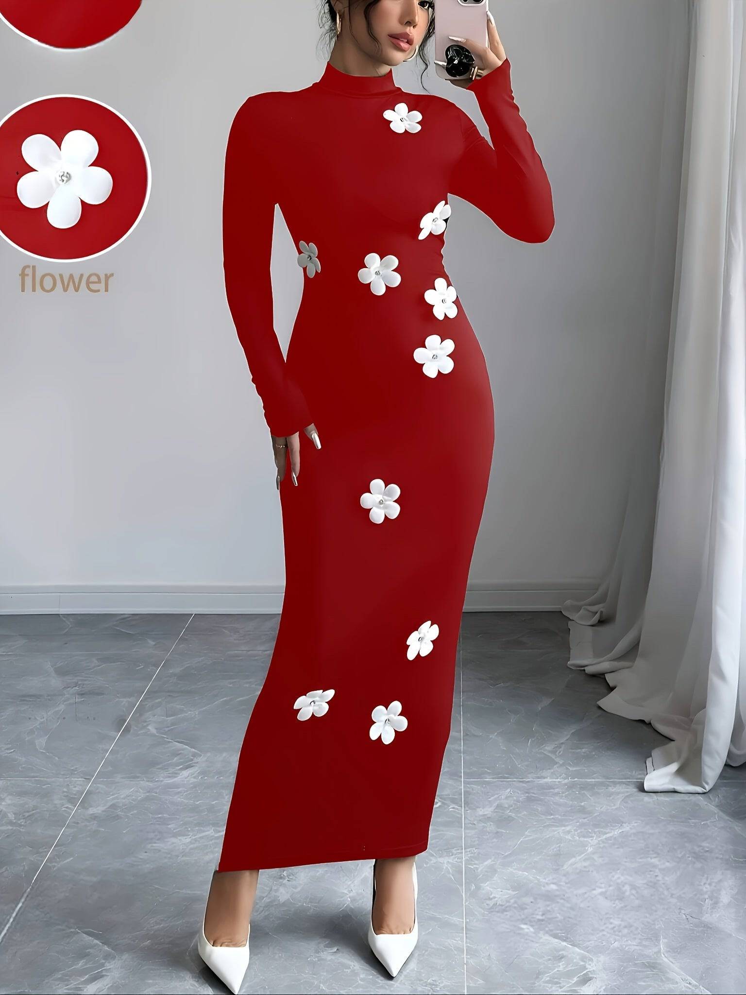 VougeVamp Elegant Floral High Neck Bodycon Dress – Fall & Winter Slim Fit Knit Dress for Women - VougeVampUK