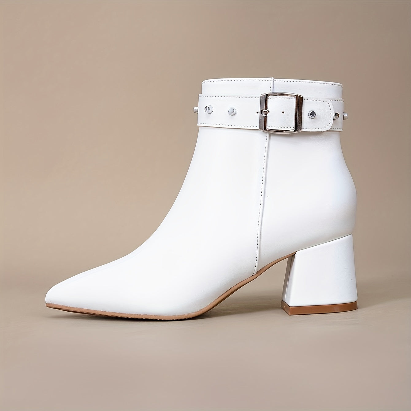 VougeVamp White Chunky Heel Short Boots – Pointed Toe High Heels with Rivet Belt Buckle for Trendy Autumn & Winter Fashion - VougeVampUK