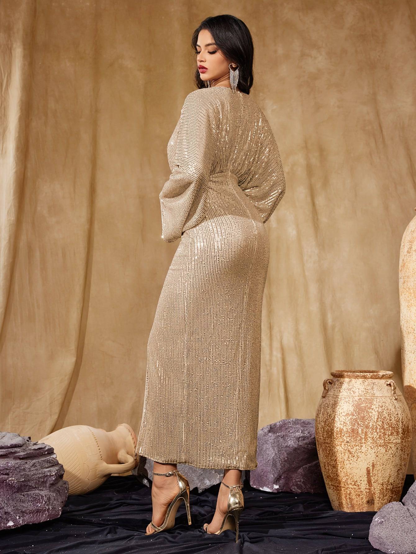 VougeVamp Women's Sequin Long Sleeve V-Neck Bodycon Gown – Elegant Slit Dress for Bridal & Evening Events