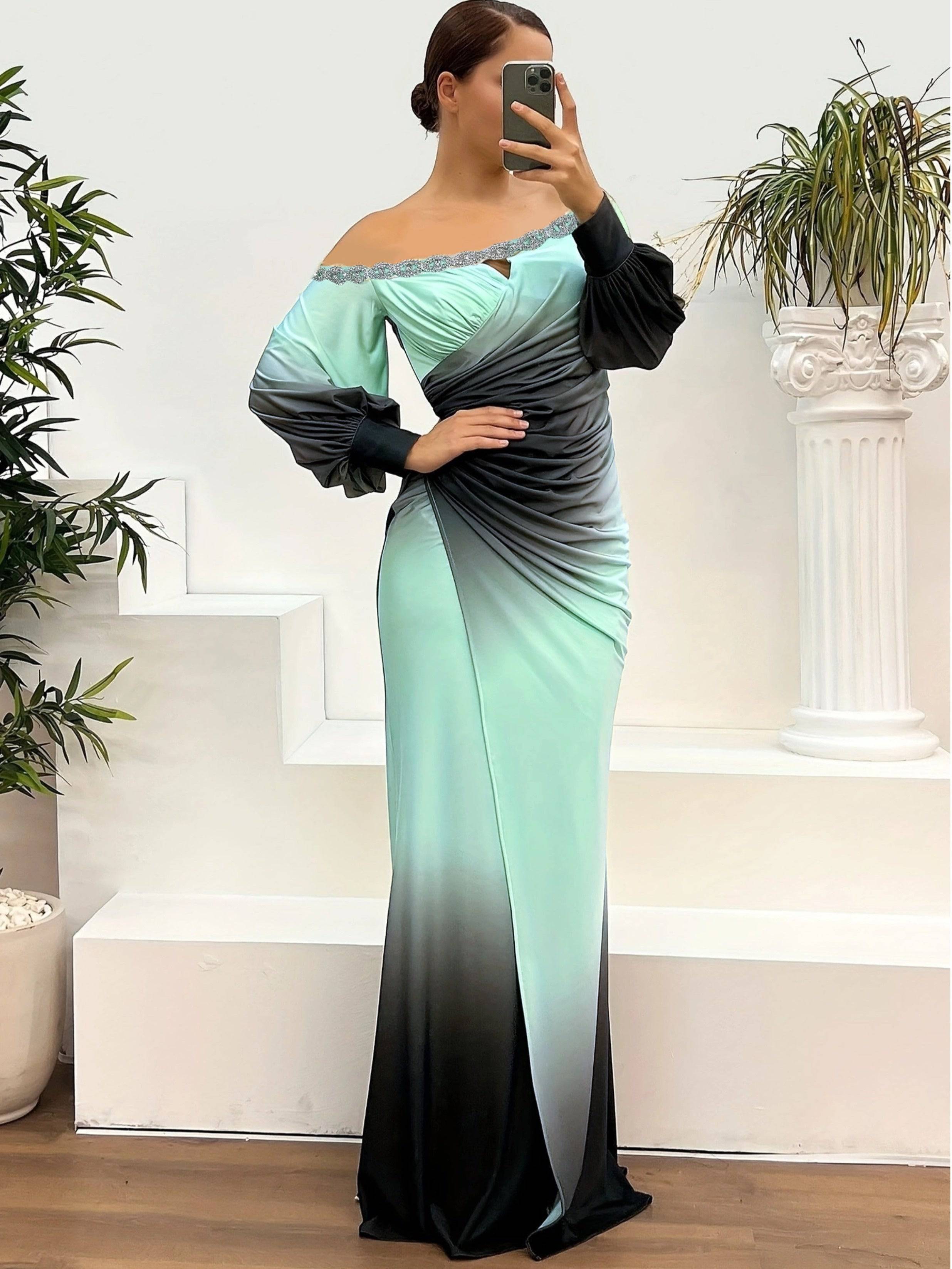 VougeVamp Off-Shoulder Rhinestone Waist Maxi Dress – Elegant Long Sleeve Bodycon Gown for Women