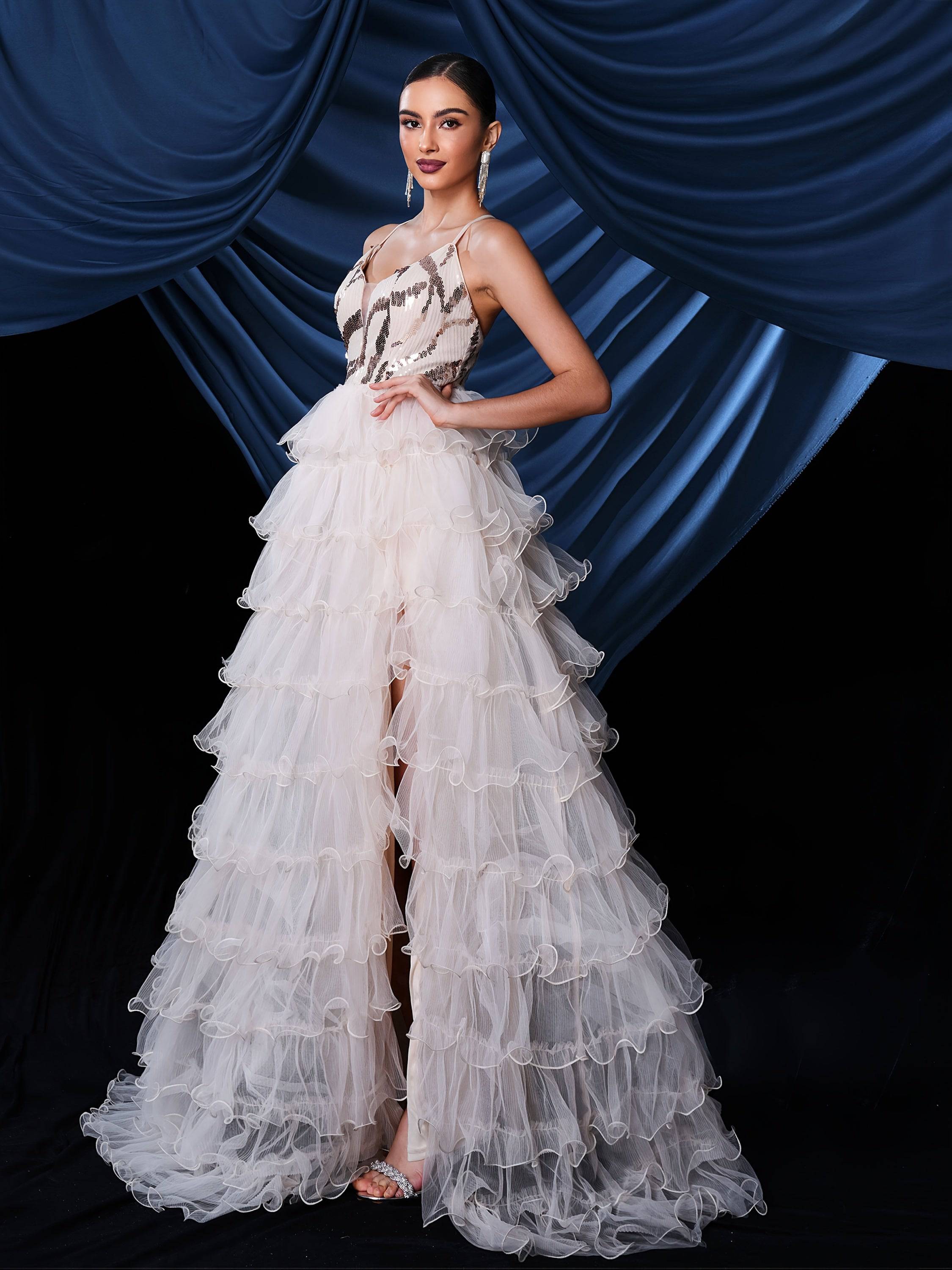 VougeVamp Elegant Backless High-Thigh Mesh Dress – Sequin Panel Evening Gown for Women