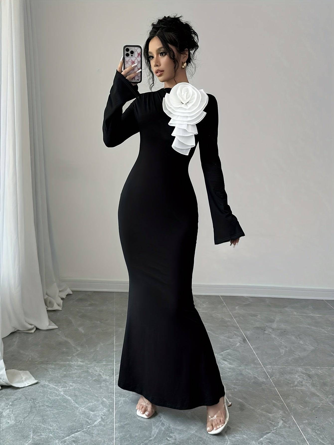 VougeVamp Elegant Long Sleeve Bodycon Dress – 3D Flower Applique Party Dress for All Seasons