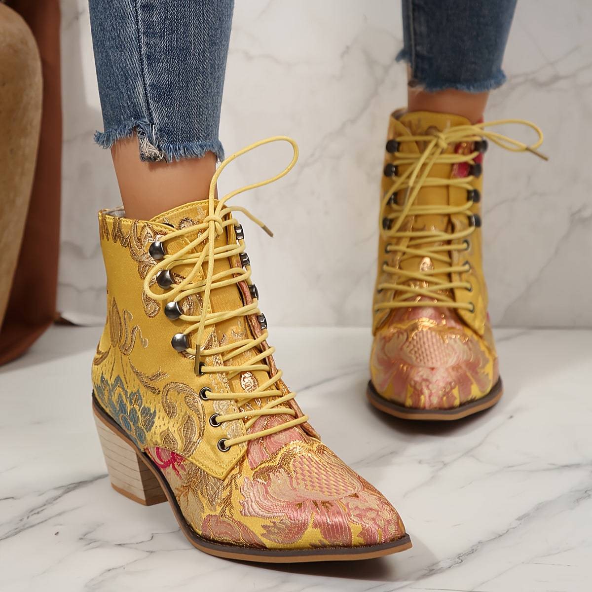 VougeVamp Floral Embroidered Lace-Up Ankle Booties – Pointed Toe High Block Heel for Elegant Style - VougeVampUK