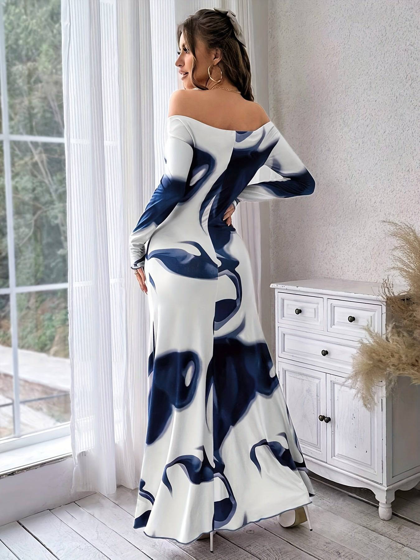 VougeVamp Off-Shoulder Camo Print Maxi Dress – Chic Ruched Waist Mermaid Gown for Spring & Fall - VougeVampUK