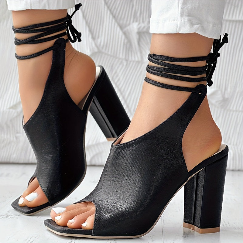 VougeVamp Open-Toe Lace-Up High Heel Sandals – Thick Heel, Stylish & Comfortable - VougeVampUK