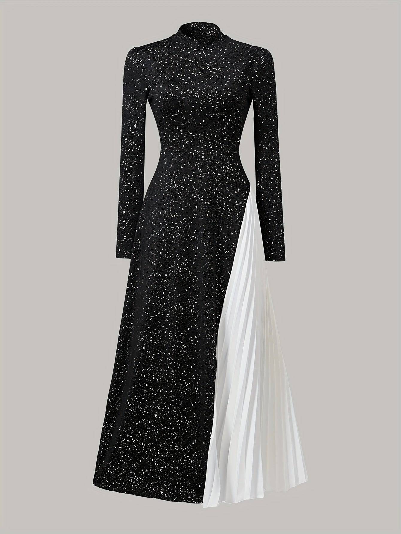 VougeVamp Elegant Red Starry Sky Maxi Dress – Long Sleeve Pleated Gown for Parties & Evening Events