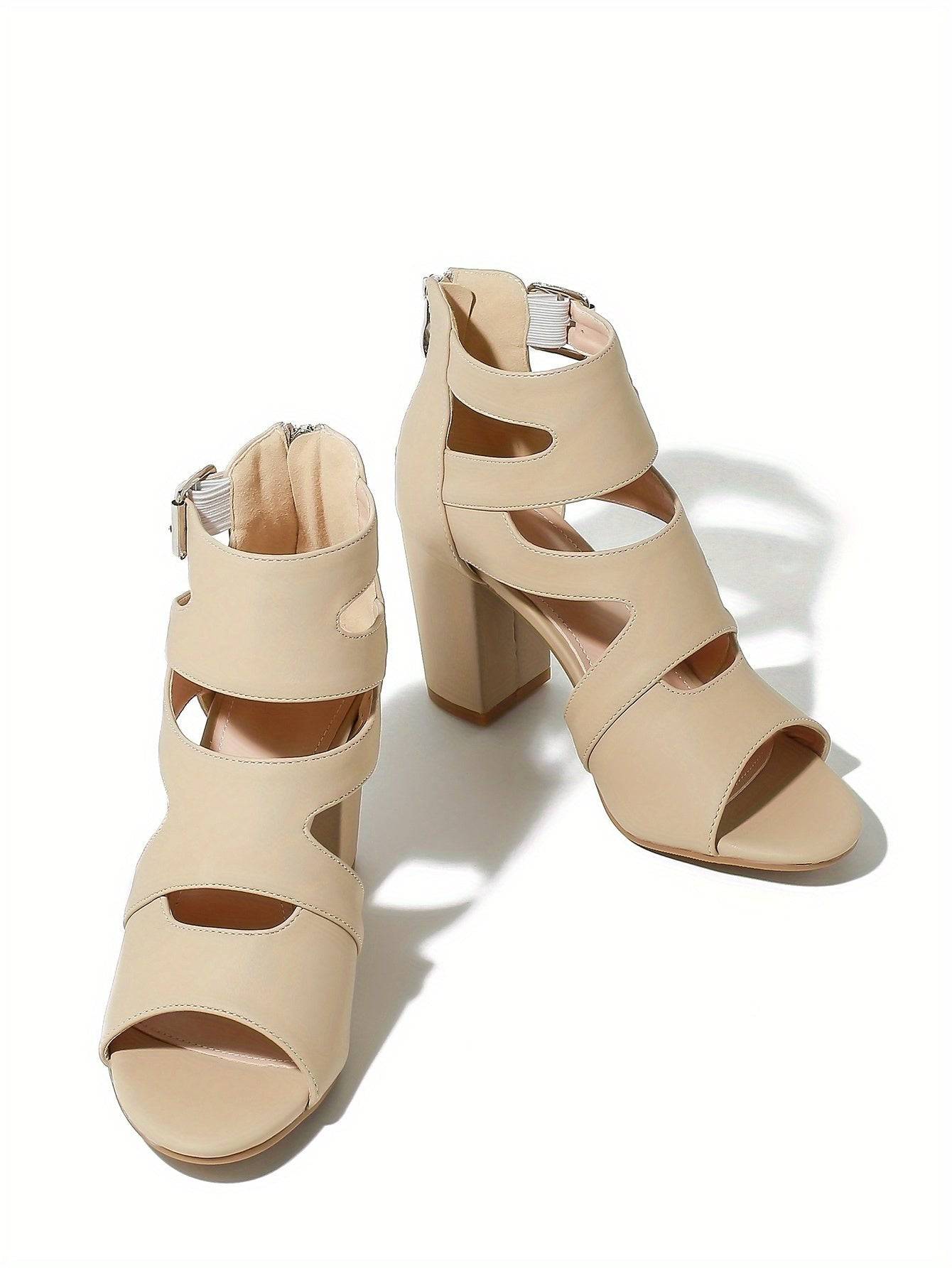 VougeVamp Women's Cutout Block Heel Sandals – Breathable Buckle Strap Summer Pumps with Back Zipper - VougeVampUK