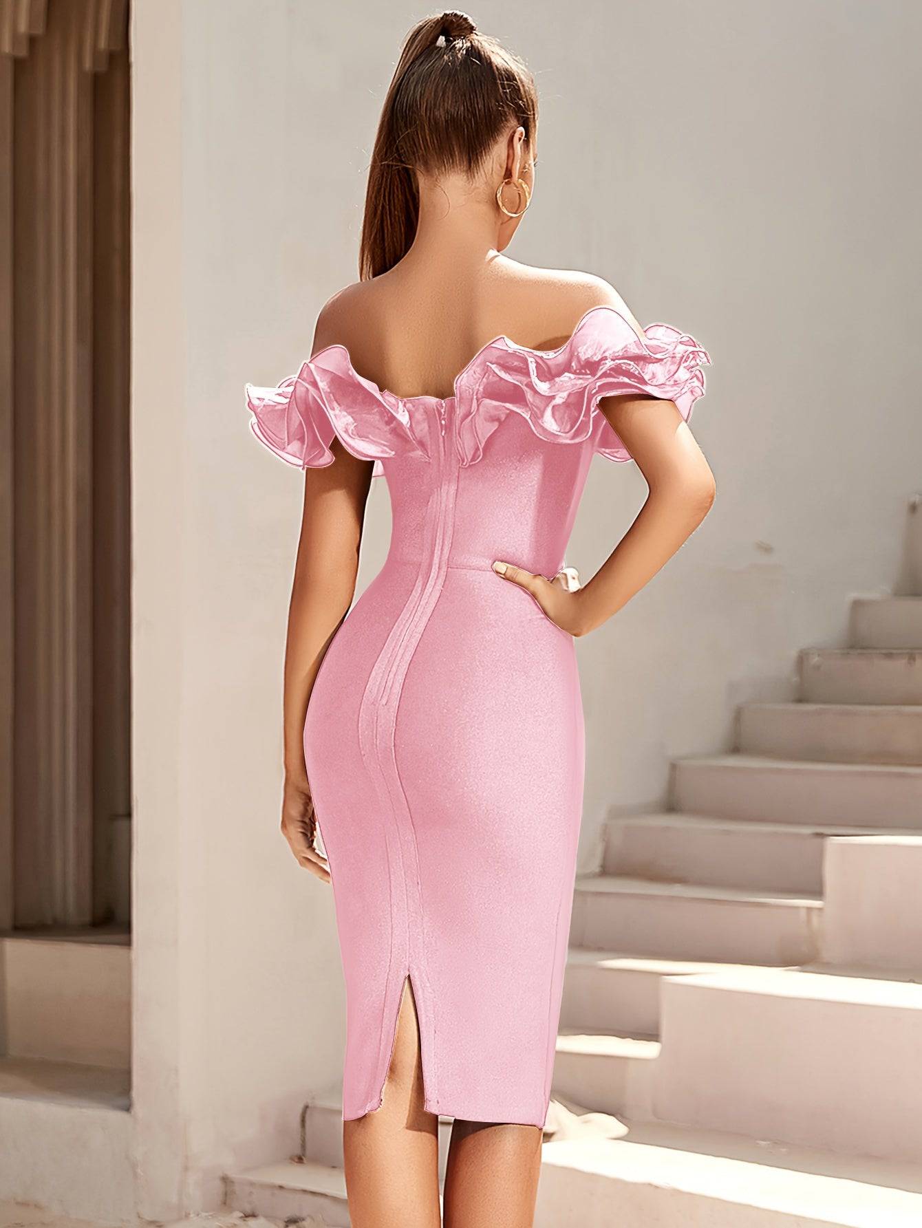 Elegant Ruffle Trim Off-Shoulder Bodycon Dress – Perfect for Party & Banquet, Wedding & Evening Events - VougeVampUK