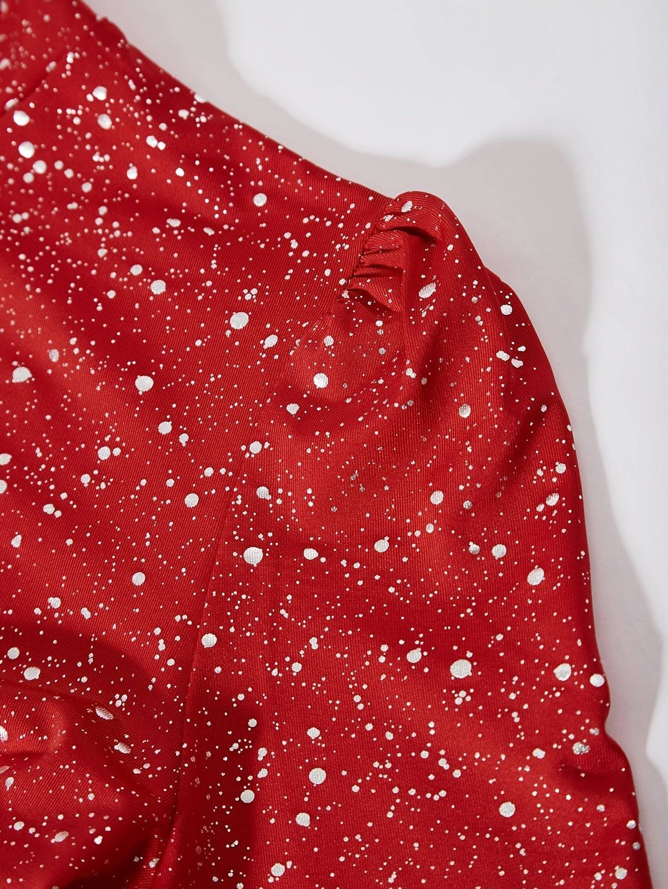 VougeVamp Elegant Red Starry Sky Maxi Dress – Long Sleeve Pleated Gown for Parties & Evening Events