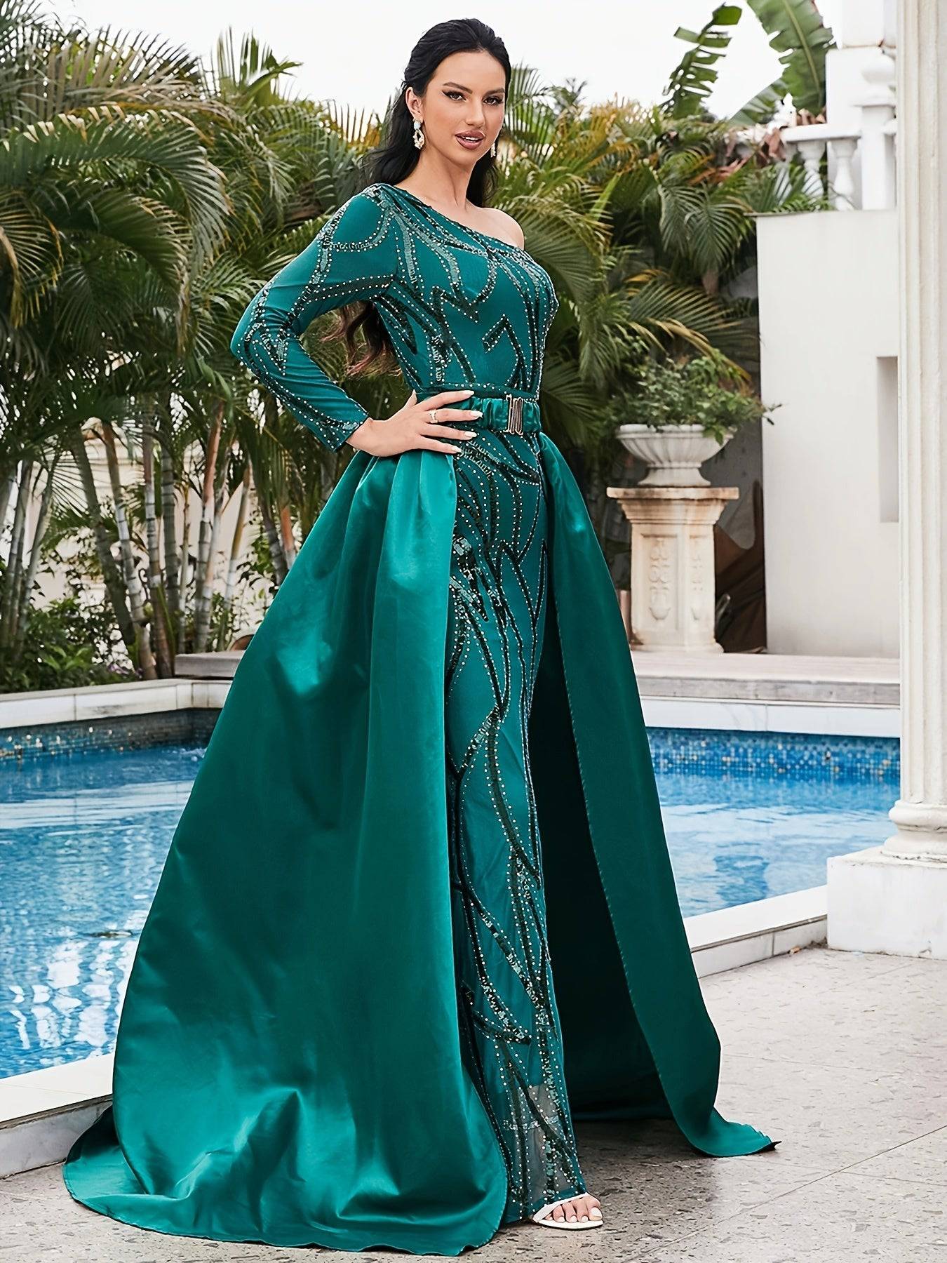 Elegant One-Shoulder Teal Evening Gown with Sequined Detailing – Sleeveless, Floor-Length Pencil Dress with Belt - VougeVampUK