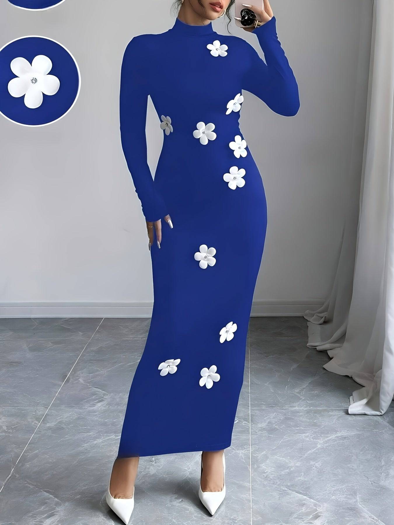 VougeVamp Elegant Floral High Neck Bodycon Dress – Fall & Winter Slim Fit Knit Dress for Women - VougeVampUK