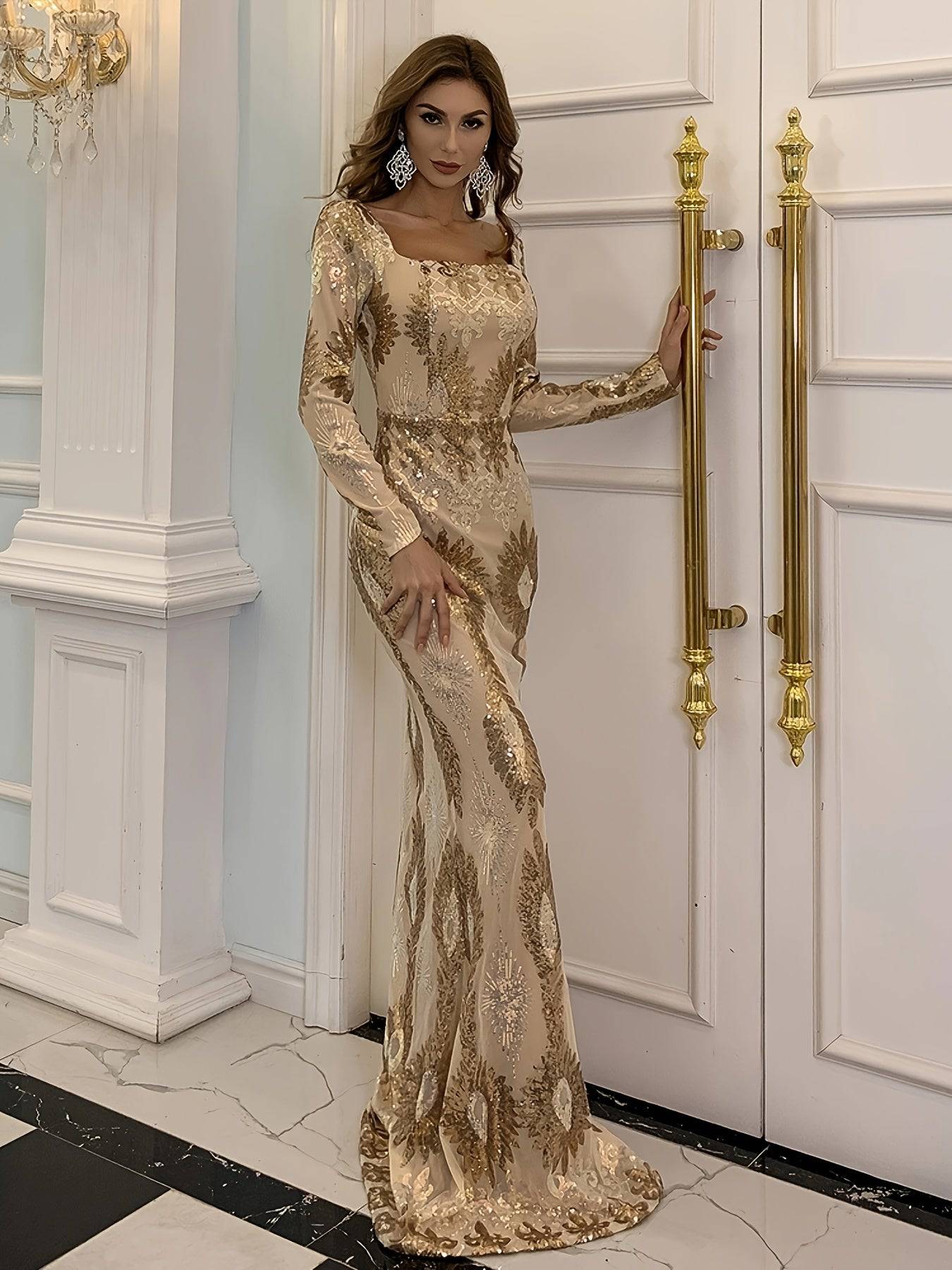 Elegant Golden Sequin Bridesmaid Dress – Long Sleeve Square Neck Floor-Length Evening Gown - VougeVampUK