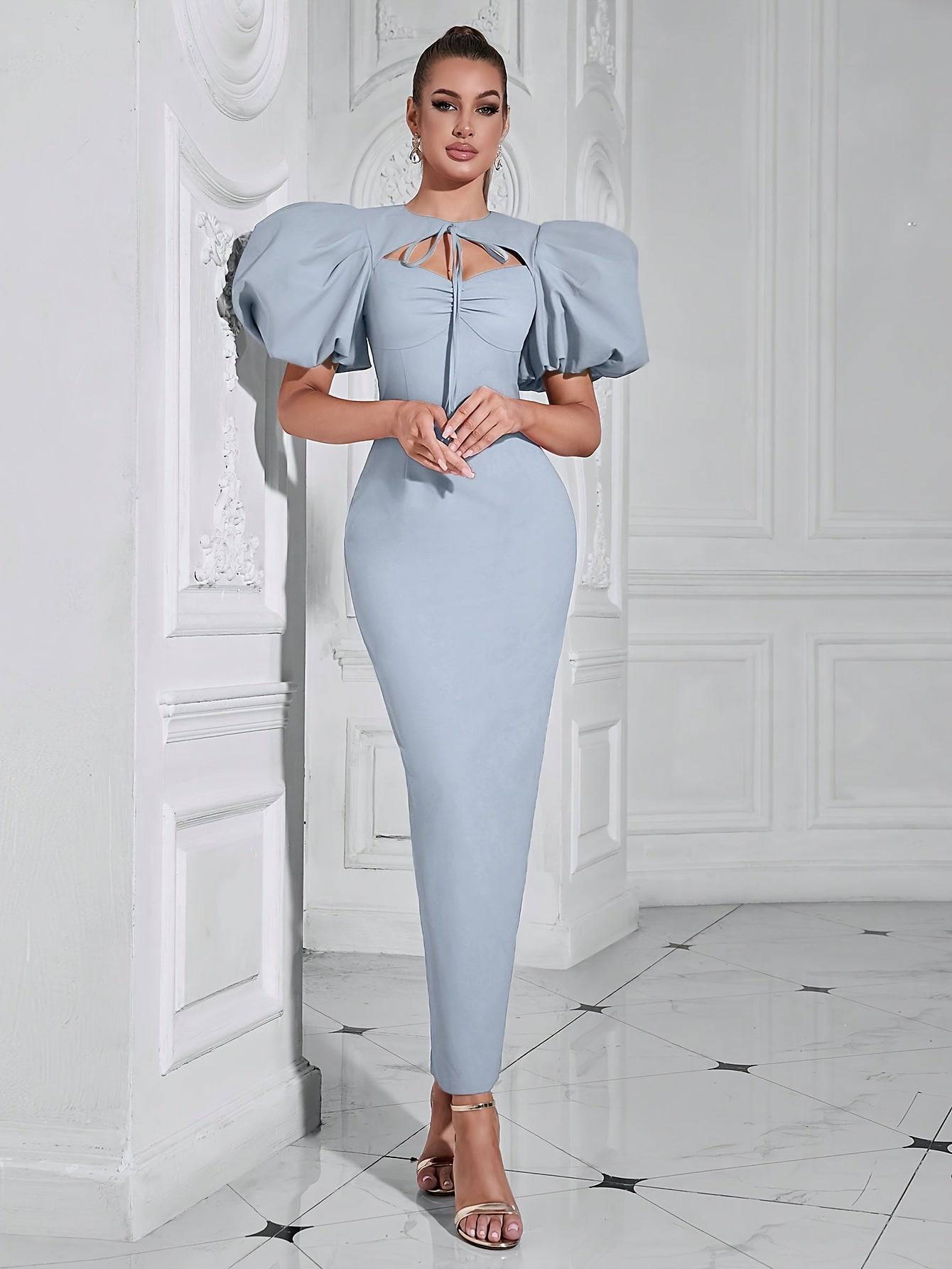 VougeVamp Elegant Halter Neck Bodycon Cocktail Dress with Backless Design & Bubble Sleeve Detail - VougeVampUK