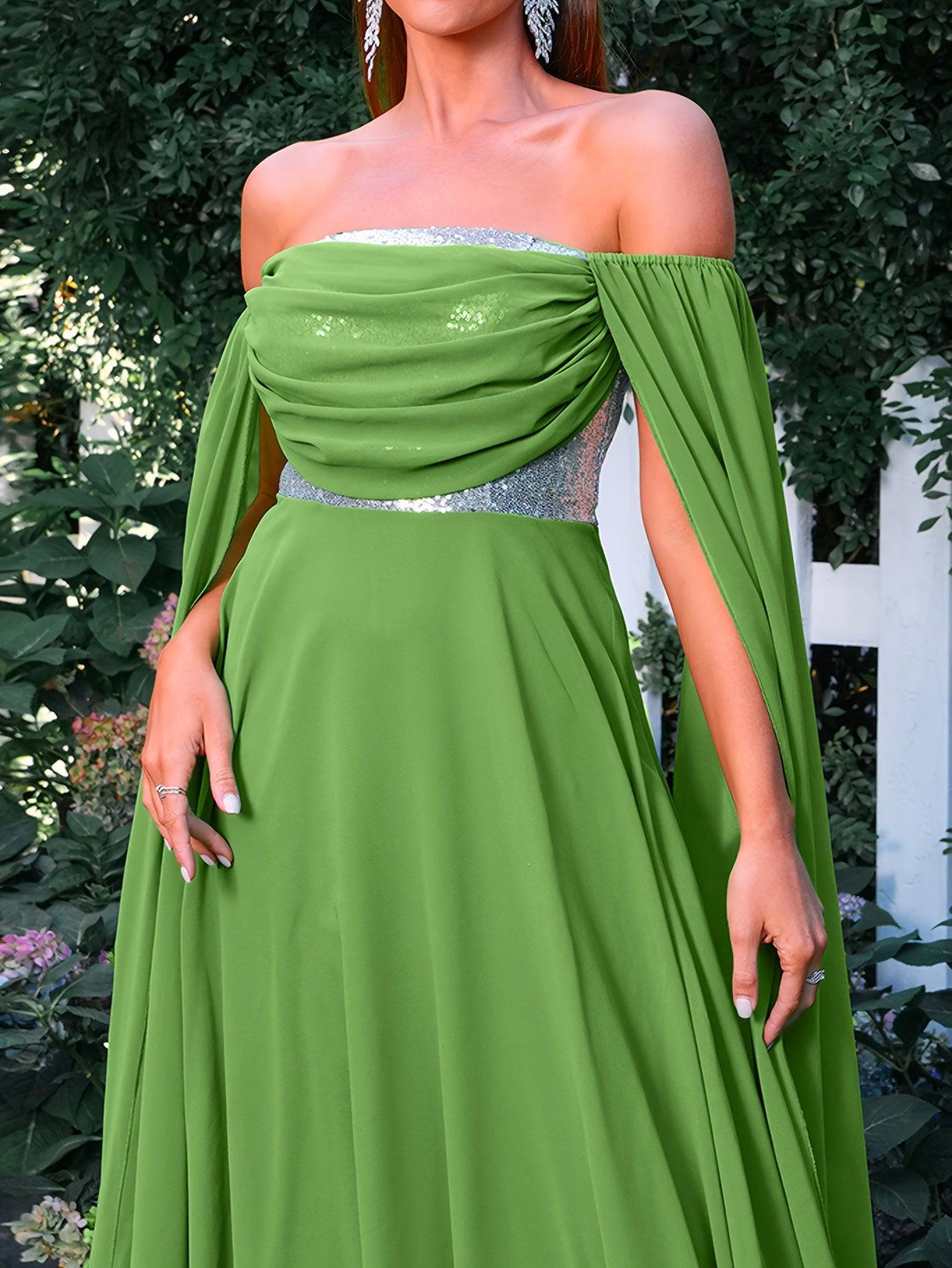 VougeVamp Elegant Off-Shoulder Green Gown – Extra Long Sleeves & Ruched Waist for Timeless Sophistication - VougeVampUK