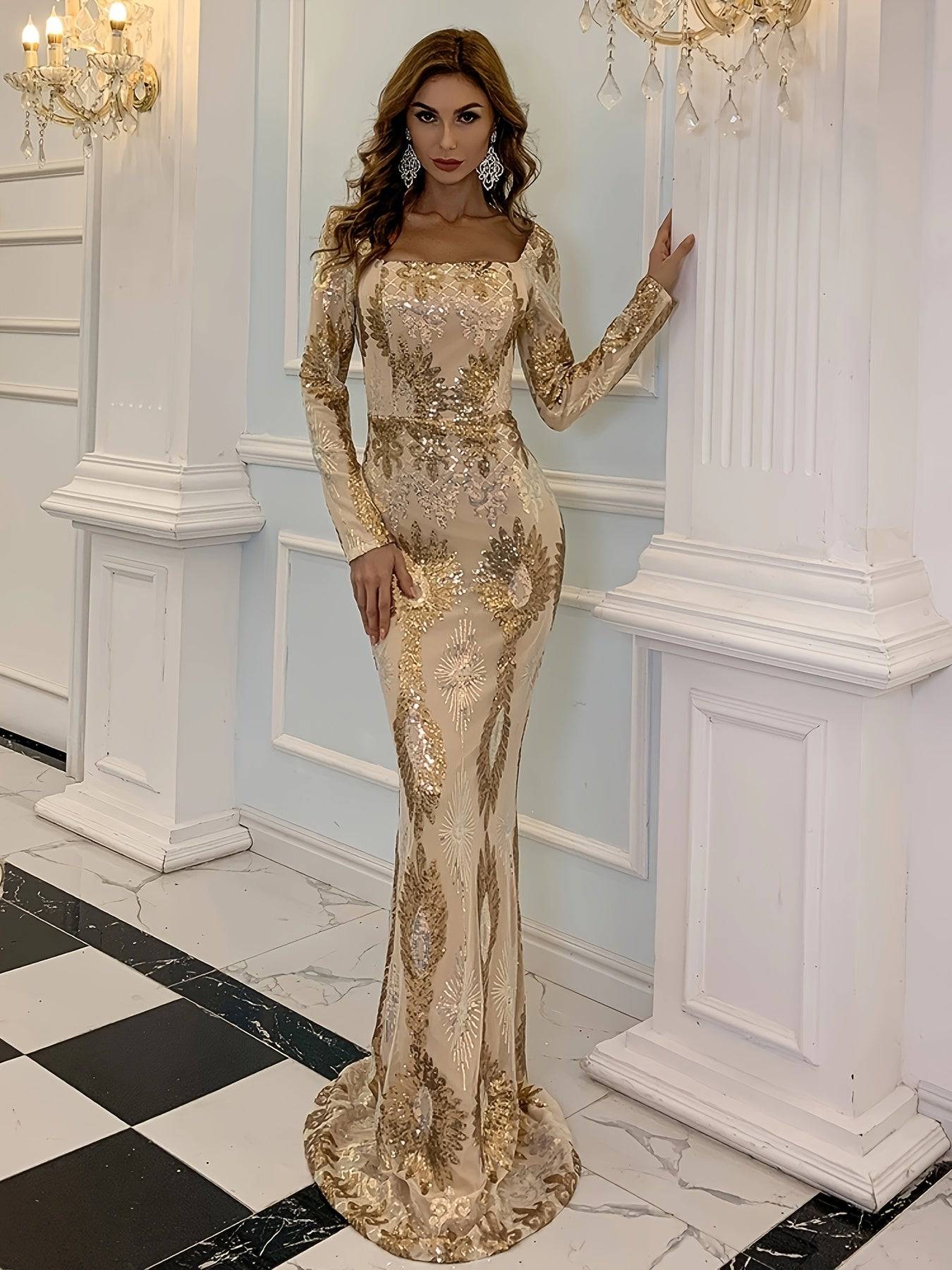 Elegant Golden Sequin Bridesmaid Dress – Long Sleeve Square Neck Floor-Length Evening Gown - VougeVampUK