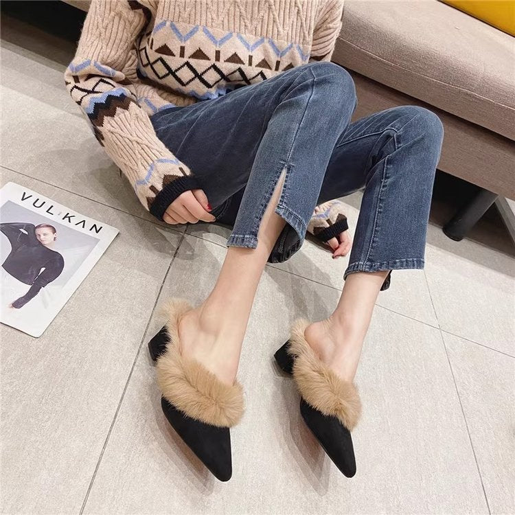 VougeVamp Women's Fluffy Fur High Heel Slippers – Cozy Plush Indoor Winter House Shoes