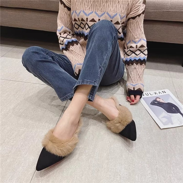 VougeVamp Women's Fluffy Fur High Heel Slippers – Cozy Plush Indoor Winter House Shoes