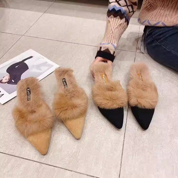 VougeVamp Women's Fluffy Fur High Heel Slippers – Cozy Plush Indoor Winter House Shoes