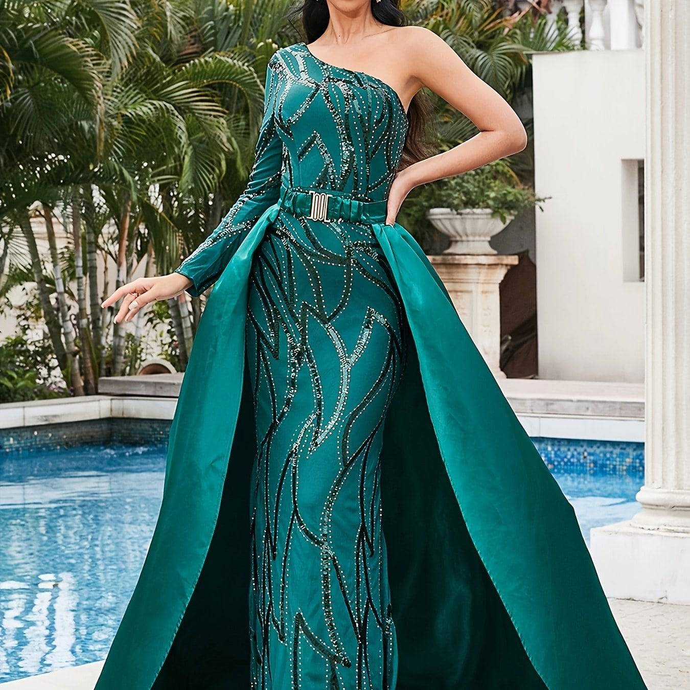 Elegant One-Shoulder Teal Evening Gown with Sequined Detailing – Sleeveless, Floor-Length Pencil Dress with Belt - VougeVampUK