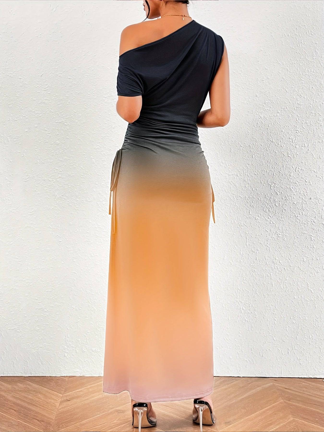 VougeVamp Ombre One-Shoulder Ruched Dress – Elegant Color Block Dress for Spring & Summer