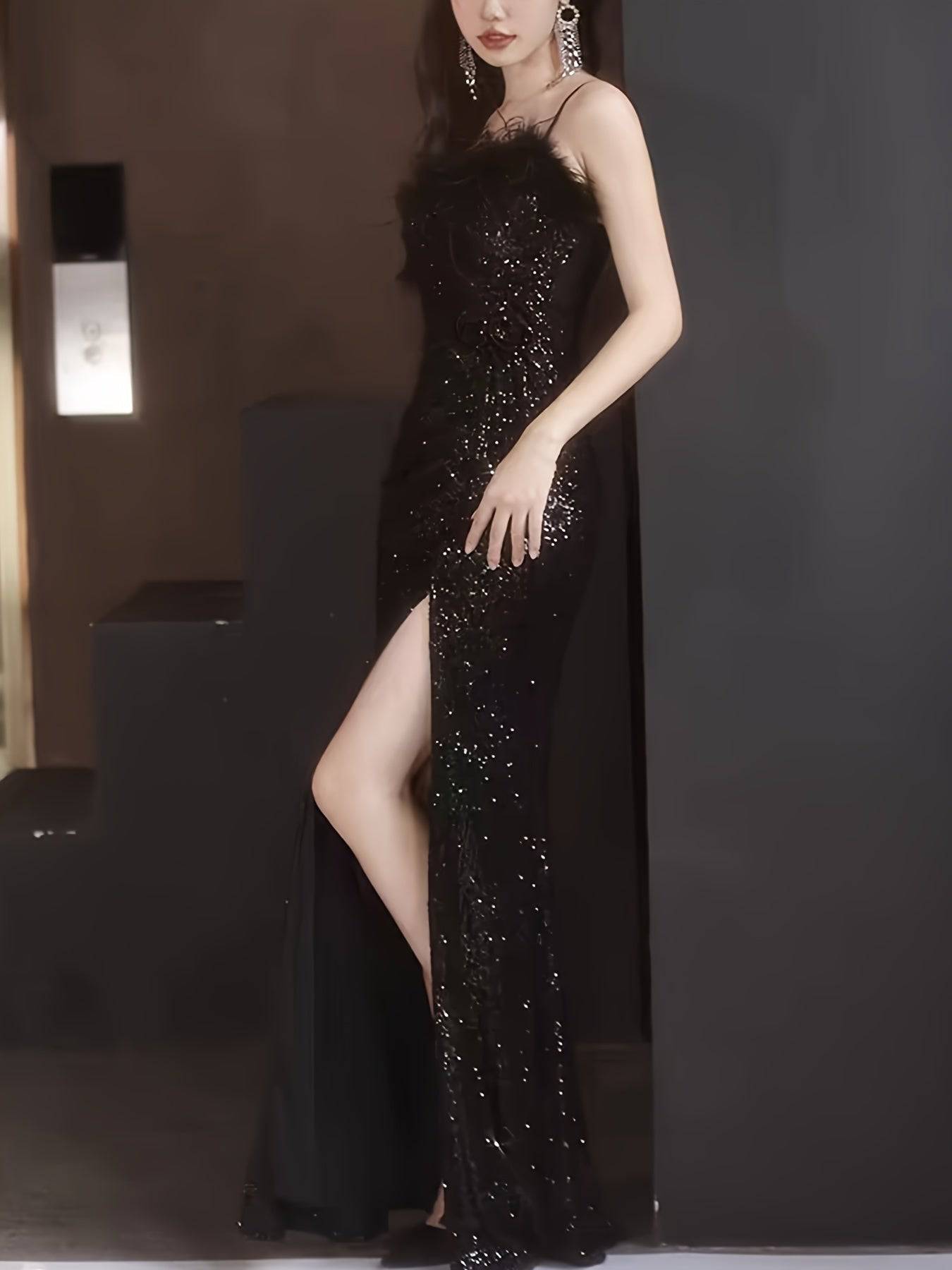 VougeVamp Luxurious Off-Shoulder Black Sequin Evening Gown with Belt & Side Slit – High-End Fashion for Parties & Banquets - VougeVampUK