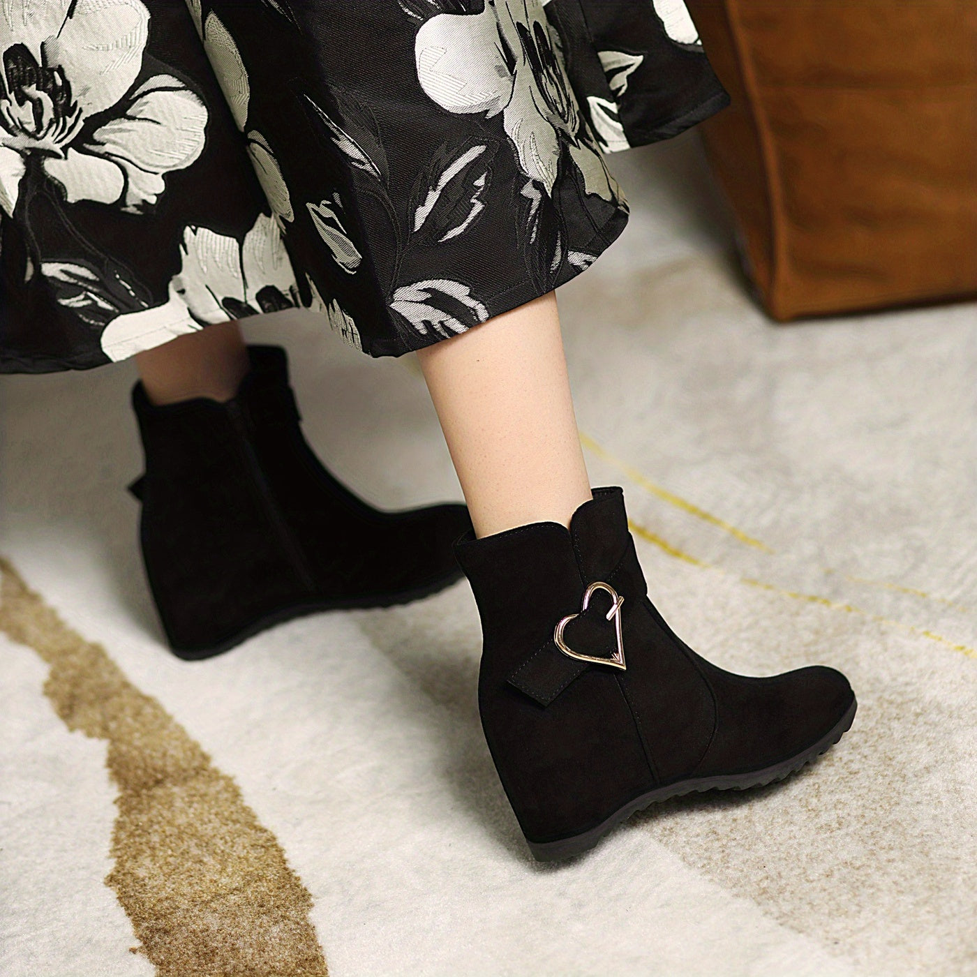 VougeVamp Stylish Wedge Ankle Boots – Heart-Shaped Buckle Strap, Comfortable & Breathable Slip-On Design - VougeVampUK