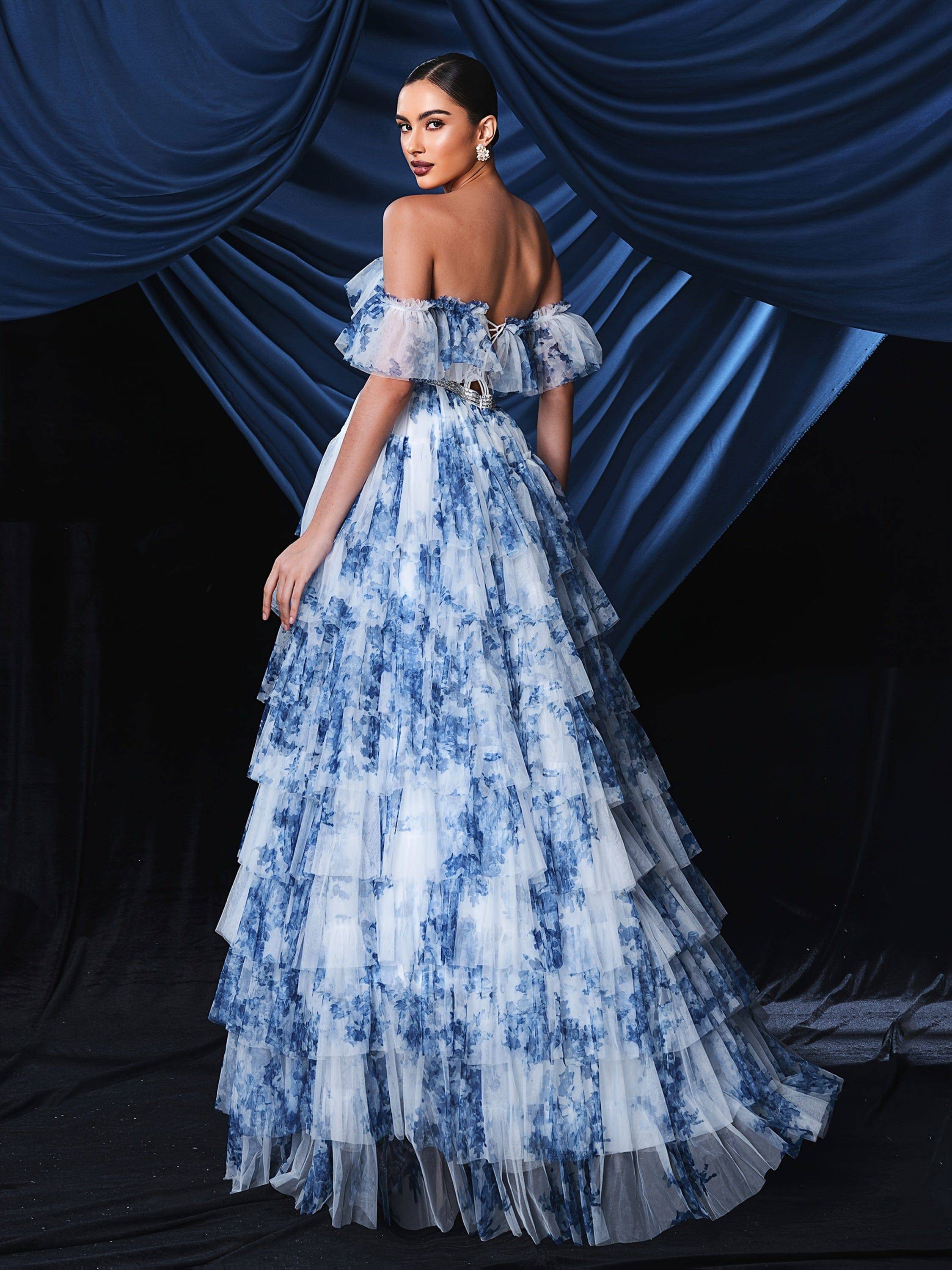 VougeVamp Elegant Off-Shoulder Blue Tulle & White Lace Bridal Gown with High Slit – Floor-Length Wedding Dress - VougeVampUK