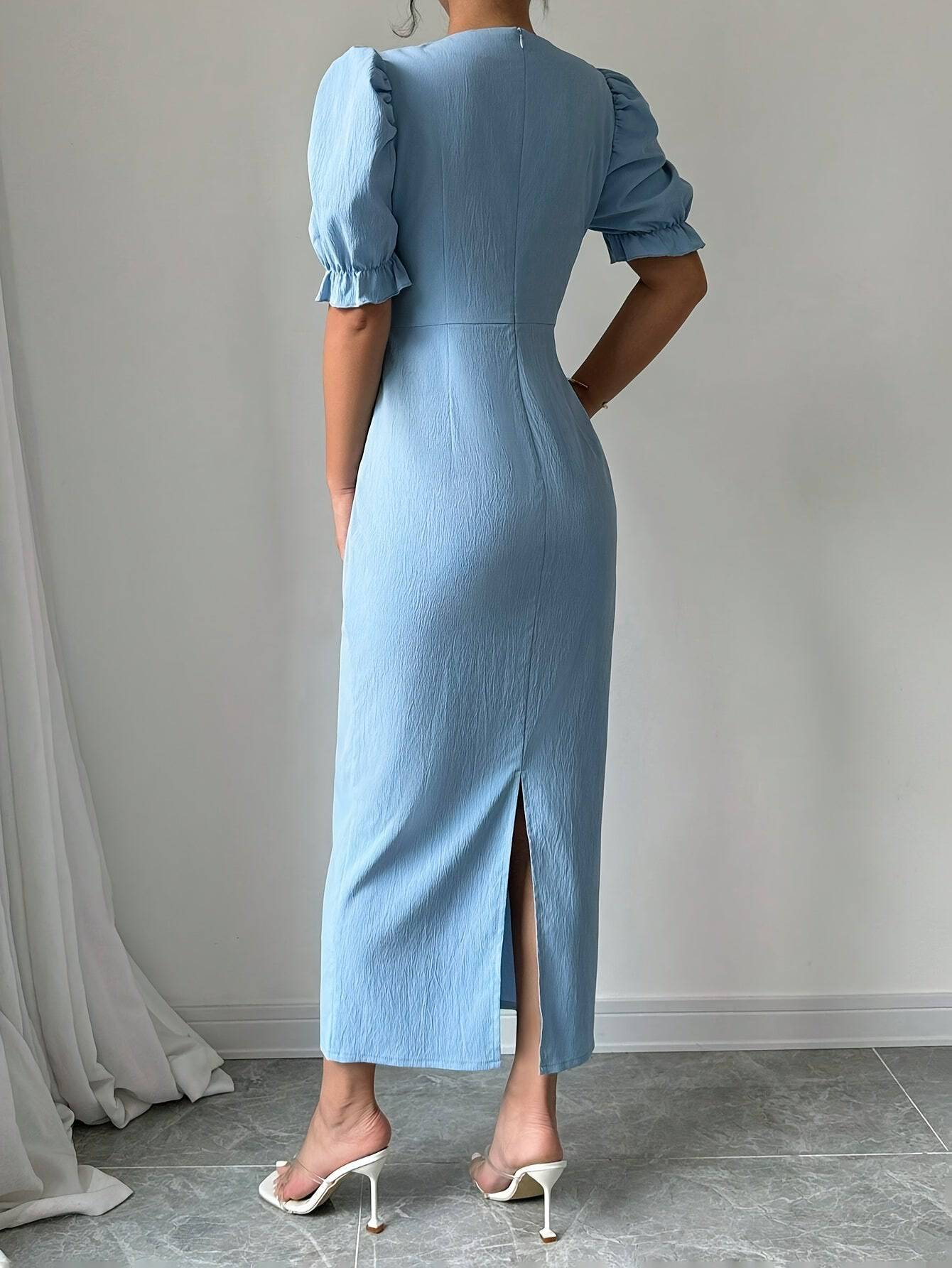 VougeVamp Light Blue Puff Sleeve Midi Dress – Elegant Bow Detail & Ruffle Hem for Spring, Summer & Fall