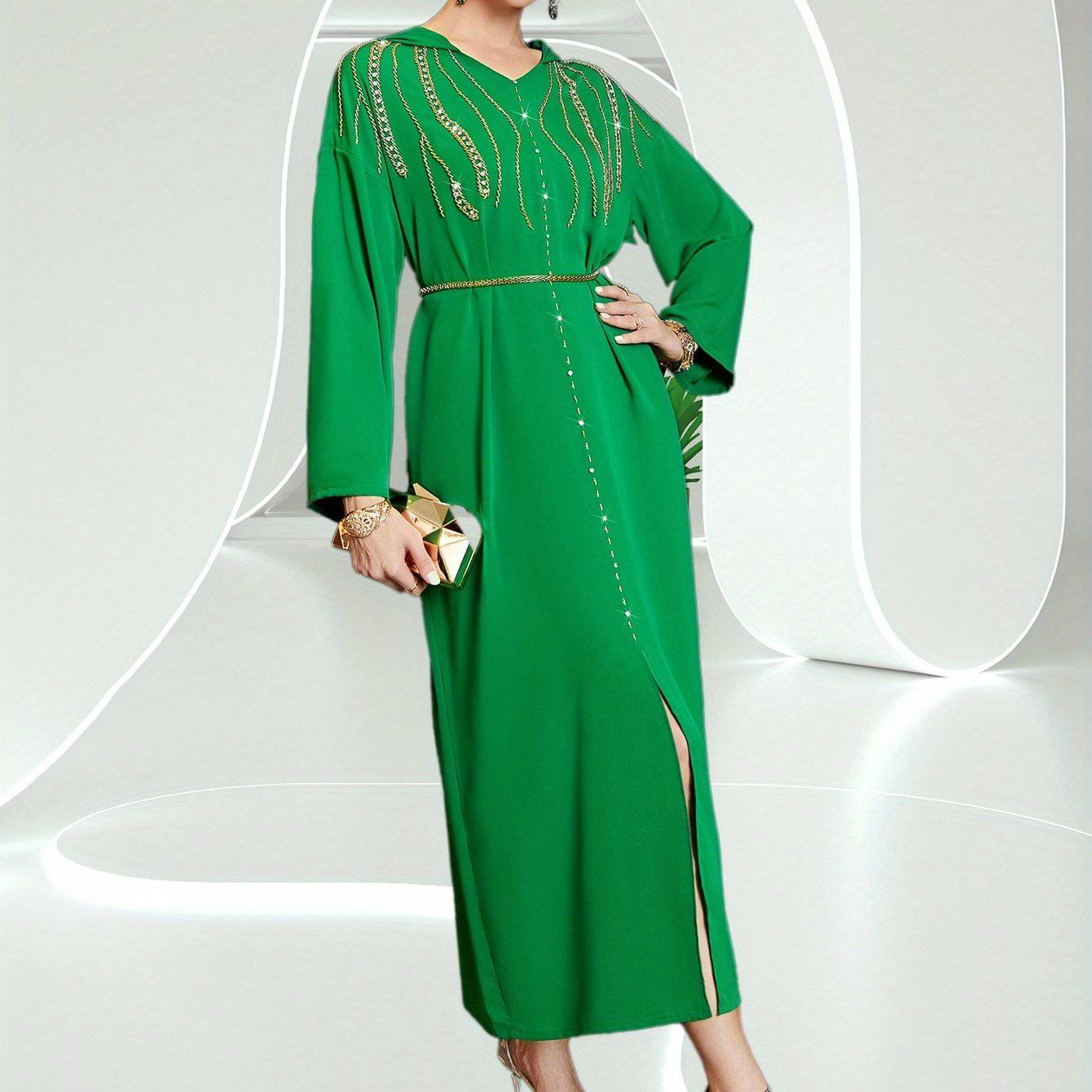Elegant Handcrafted Rhinestone Kaftan Dress – Luxurious Long Sleeve Maxi for Women - VougeVampUK