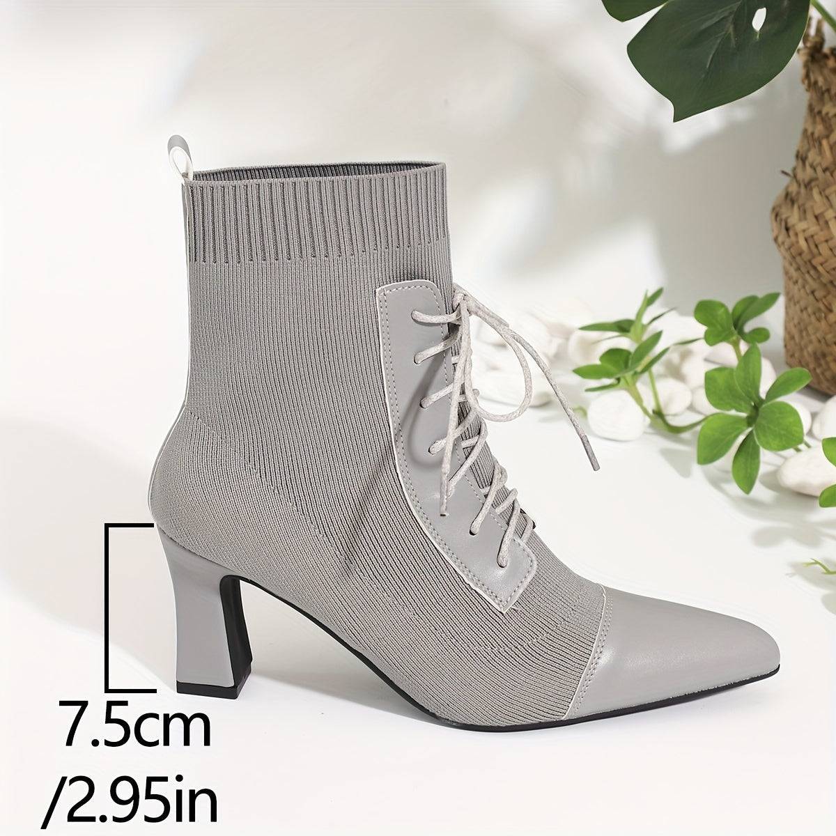 VougeVamp Fashionable Grey Ankle Boots – Pointed Toe & Chunky Heel Winter Boots - VougeVampUK