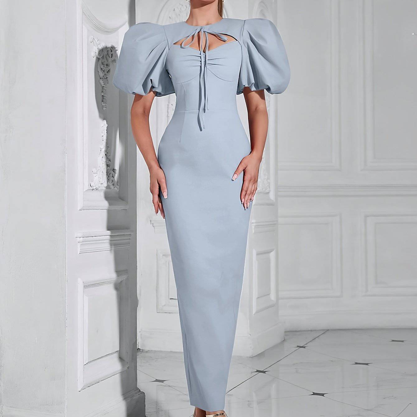 VougeVamp Elegant Halter Neck Bodycon Cocktail Dress with Backless Design & Bubble Sleeve Detail - VougeVampUK