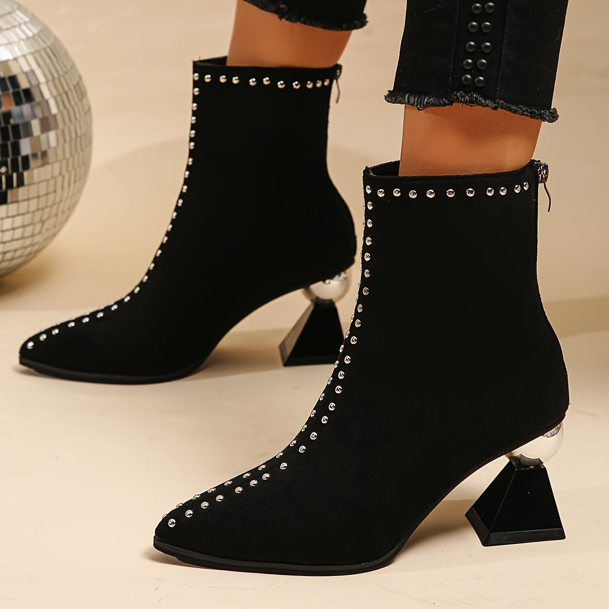 VougeVamp Women's Black Ankle Boots – Chunky Heel Pointed Toe Booties with Studded Detail & Side Zipper - VougeVampUK