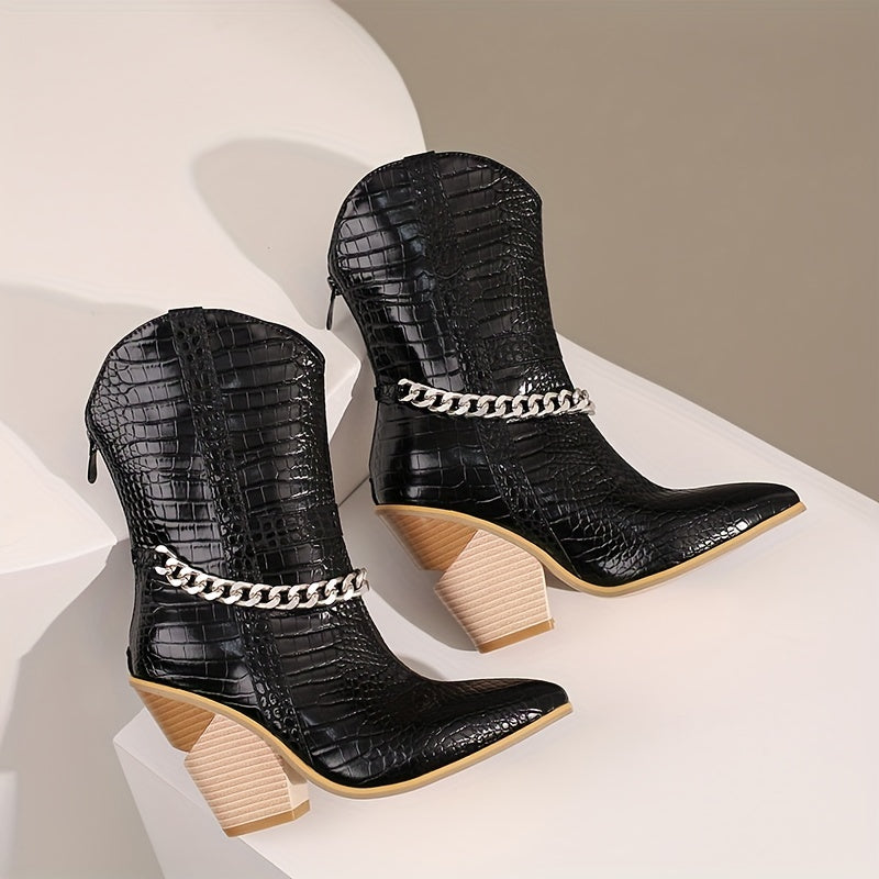 VougeVamp Trendy Crocodile Print Mid-Calf Boots – Chunky Stacked Heel, Pointed Toe & Chain Detail - VougeVampUK