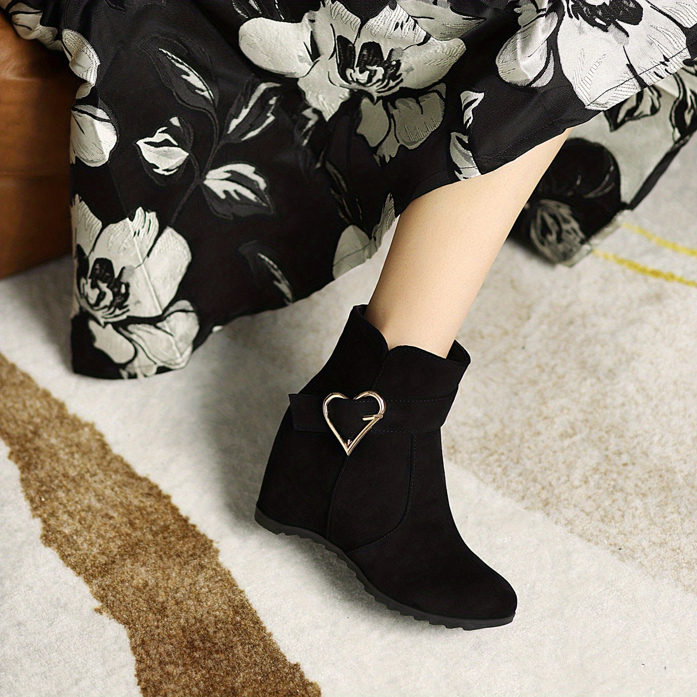 VougeVamp Stylish Wedge Ankle Boots – Heart-Shaped Buckle Strap, Comfortable & Breathable Slip-On Design - VougeVampUK