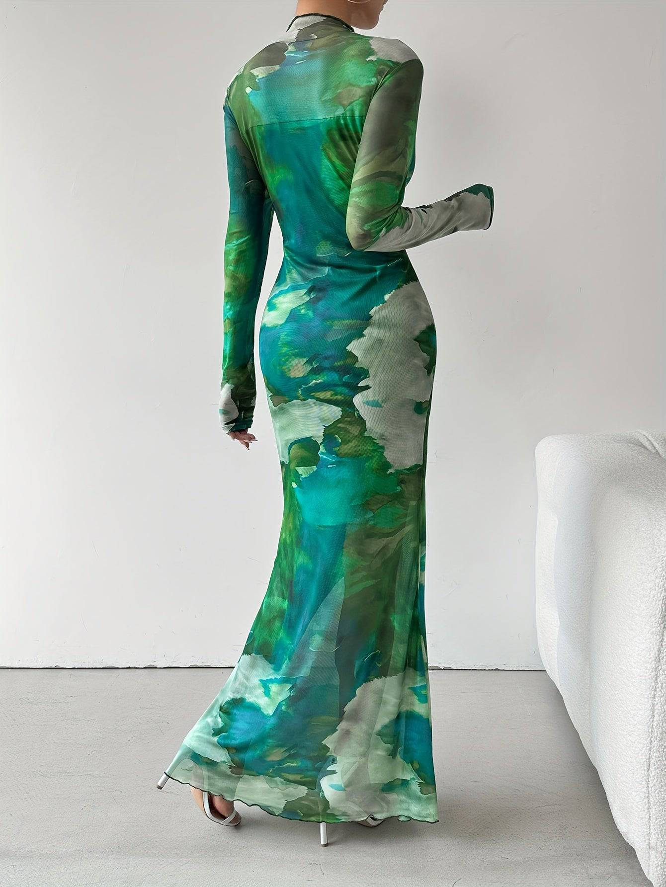 VougeVamp Vibrant Tie-Dye Mesh Maxi Dress – Elegant Long Sleeve Slim Fit Dress for Spring & Fall