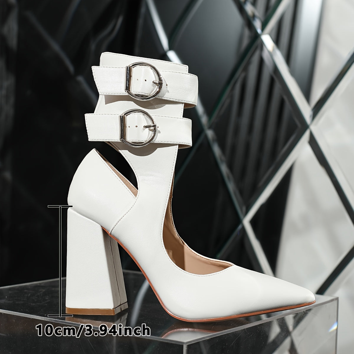 VougeVamp White Double Buckle Strap High Heel Pumps – Fashionable Pointed Toe Party Shoes - VougeVampUK