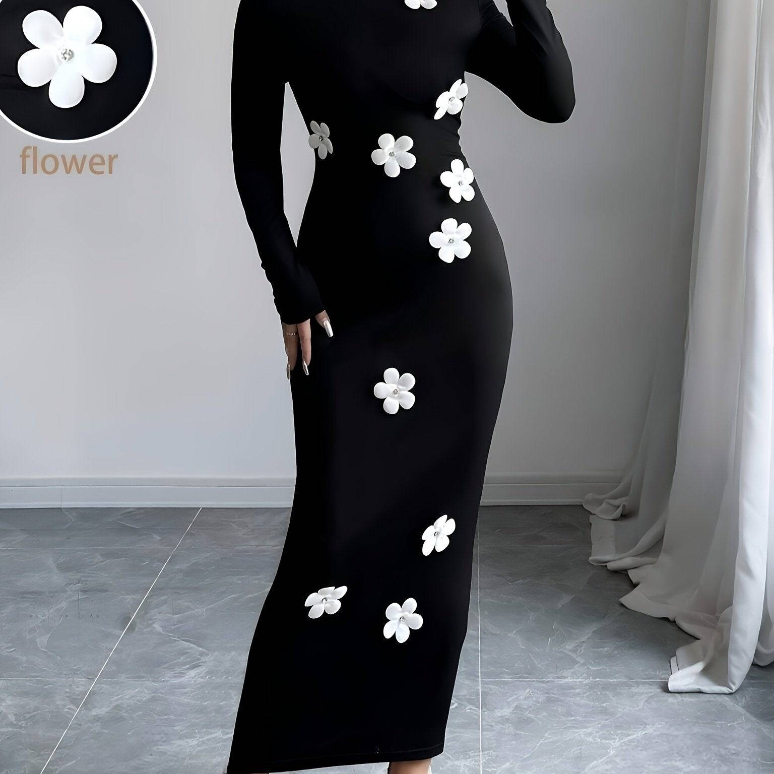 VougeVamp Elegant Floral High Neck Bodycon Dress – Fall & Winter Slim Fit Knit Dress for Women - VougeVampUK