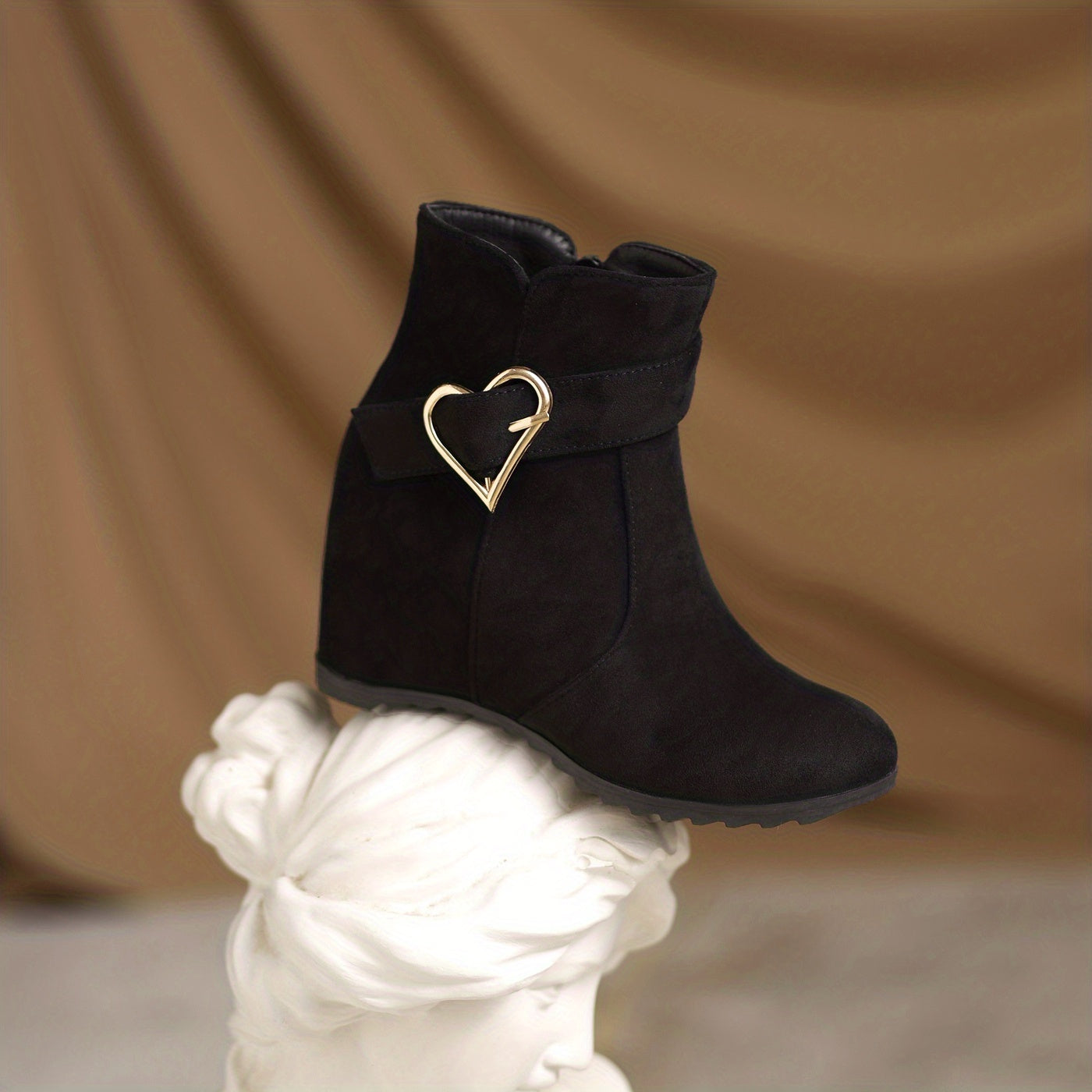 VougeVamp Stylish Wedge Ankle Boots – Heart-Shaped Buckle Strap, Comfortable & Breathable Slip-On Design - VougeVampUK