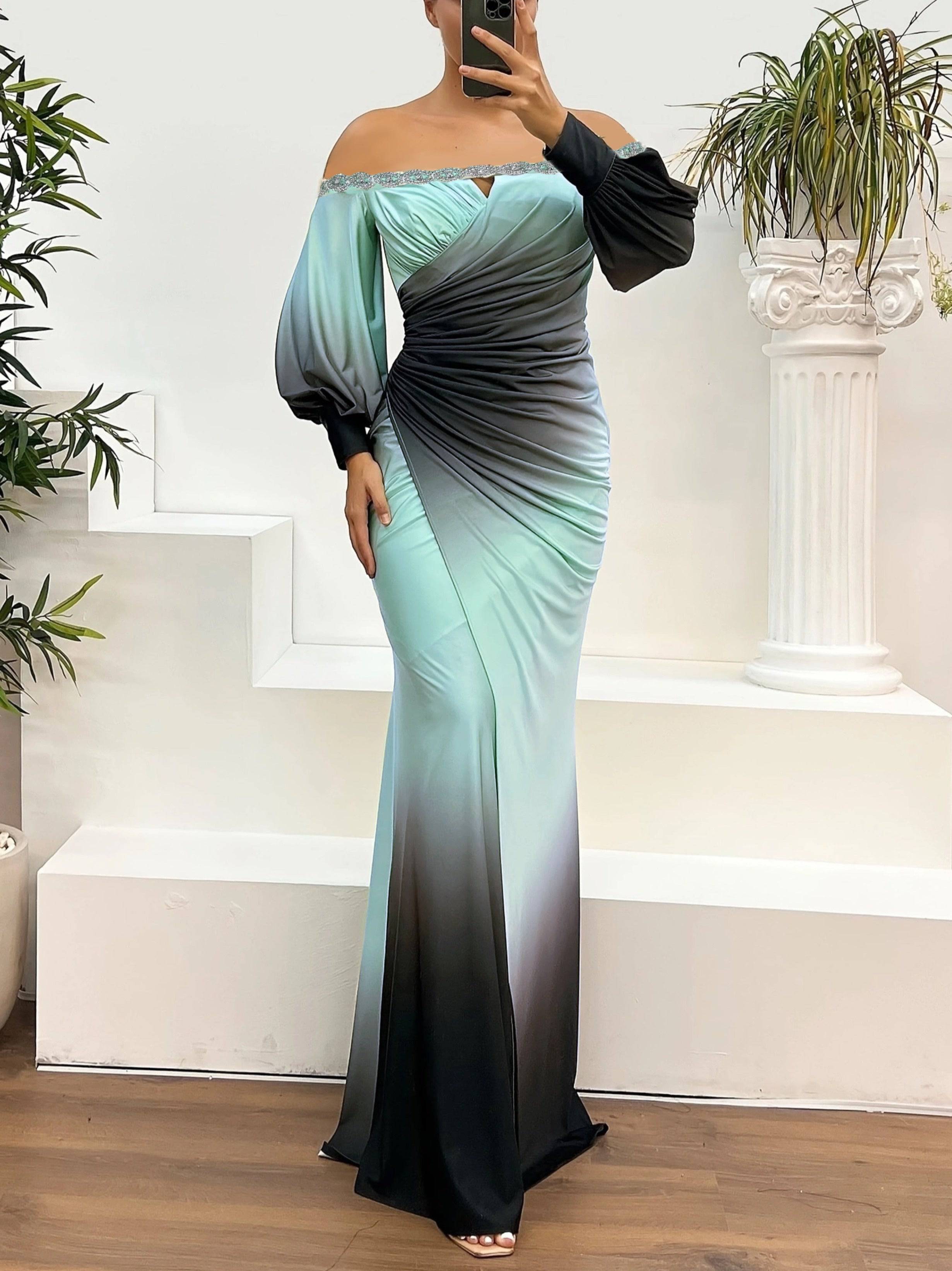 VougeVamp Off-Shoulder Rhinestone Waist Maxi Dress – Elegant Long Sleeve Bodycon Gown for Women