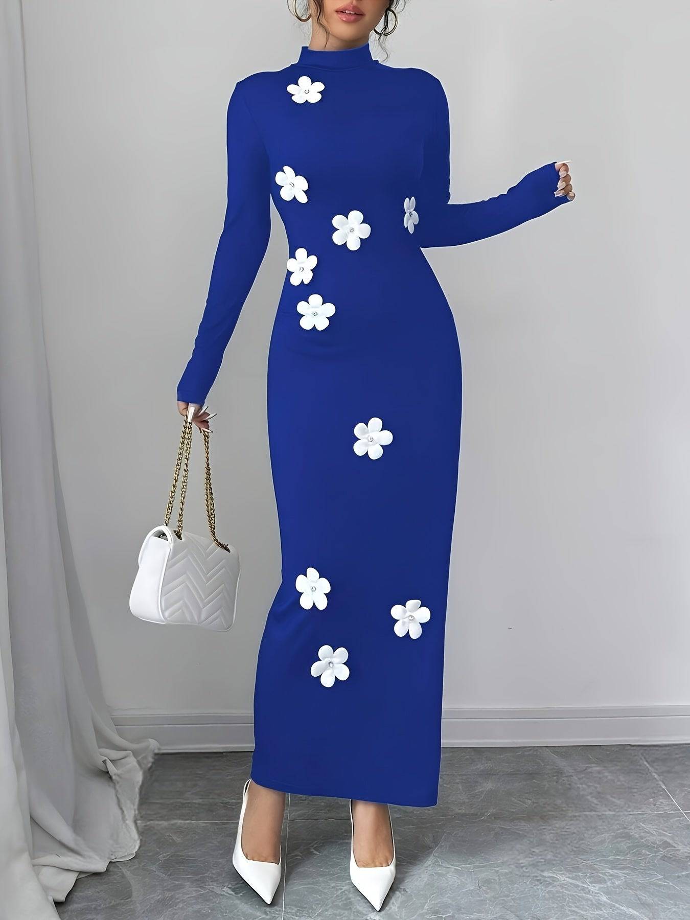 VougeVamp Elegant Floral High Neck Bodycon Dress – Fall & Winter Slim Fit Knit Dress for Women - VougeVampUK