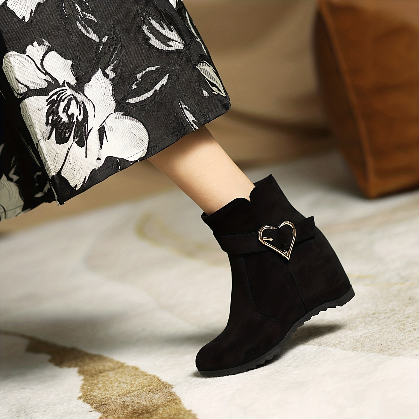 VougeVamp Stylish Wedge Ankle Boots – Heart-Shaped Buckle Strap, Comfortable & Breathable Slip-On Design - VougeVampUK