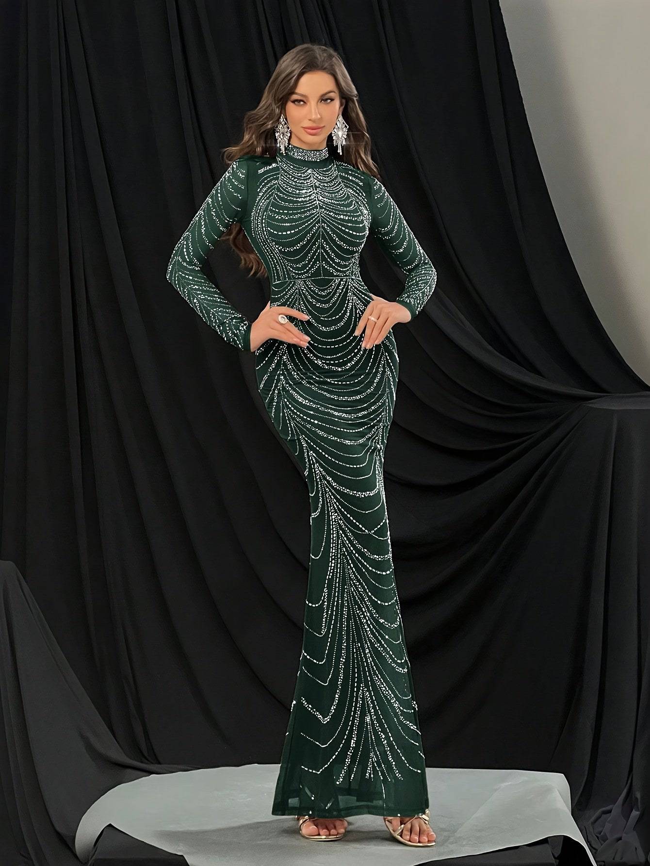 Women's Black Rhinestone Dress – Stand-Up Collar & Long Sleeves for Elegant Style