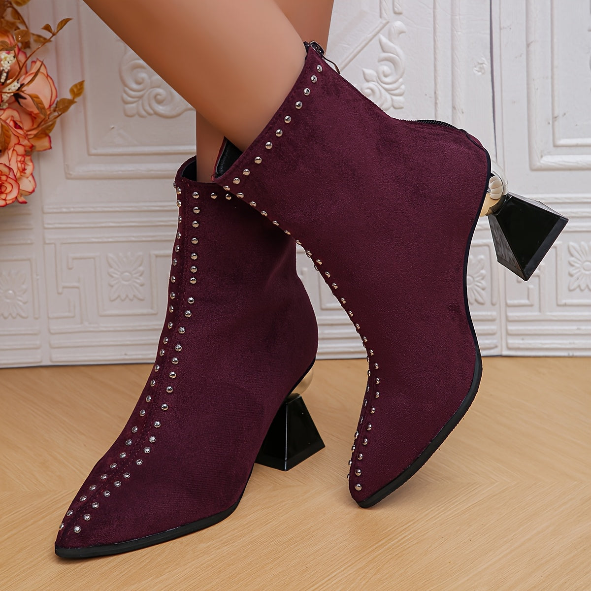 VougeVamp Women's Black Ankle Boots – Chunky Heel Pointed Toe Booties with Studded Detail & Side Zipper - VougeVampUK