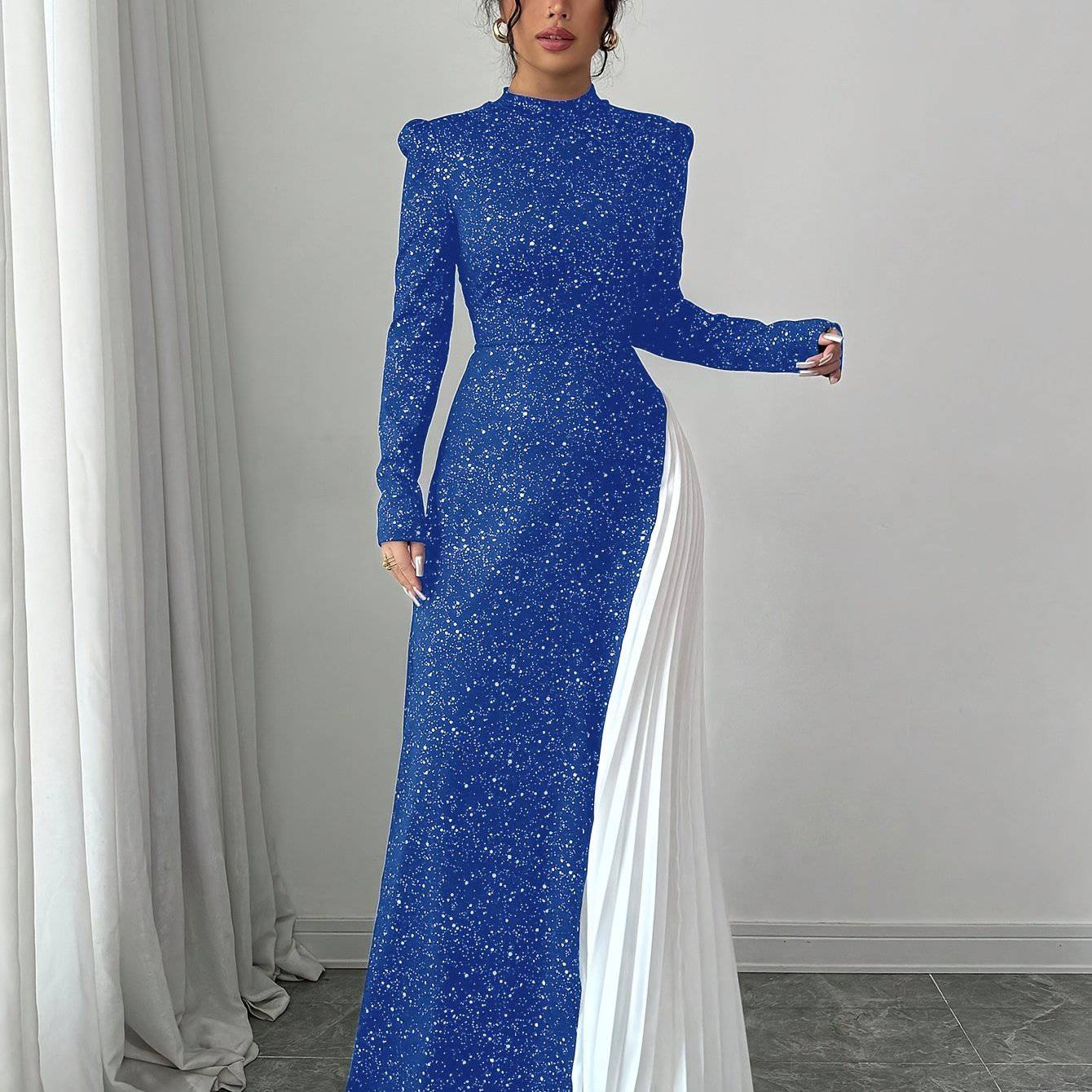 VougeVamp Elegant Red Starry Sky Maxi Dress – Long Sleeve Pleated Gown for Parties & Evening Events