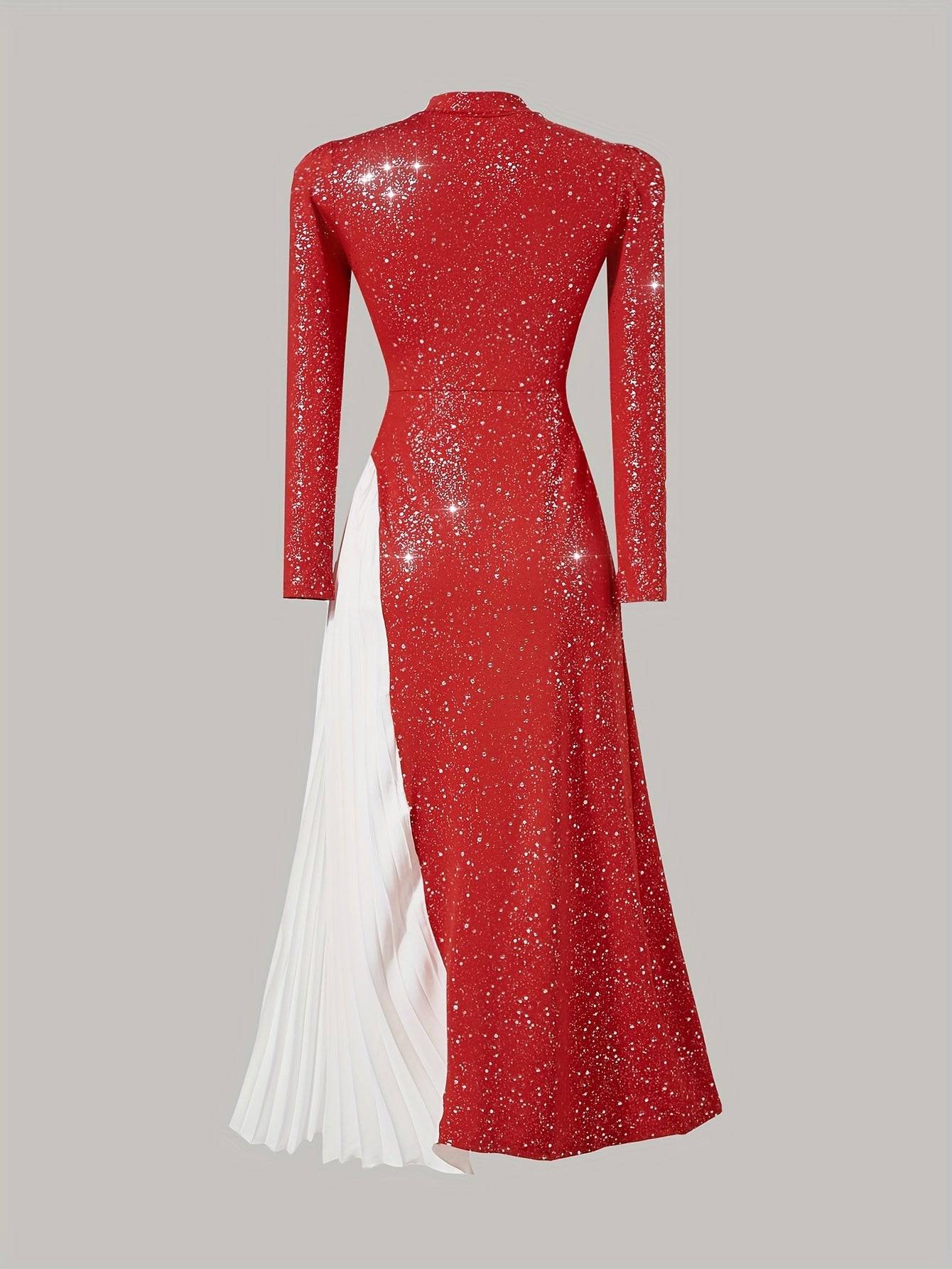 VougeVamp Elegant Red Starry Sky Maxi Dress – Long Sleeve Pleated Gown for Parties & Evening Events