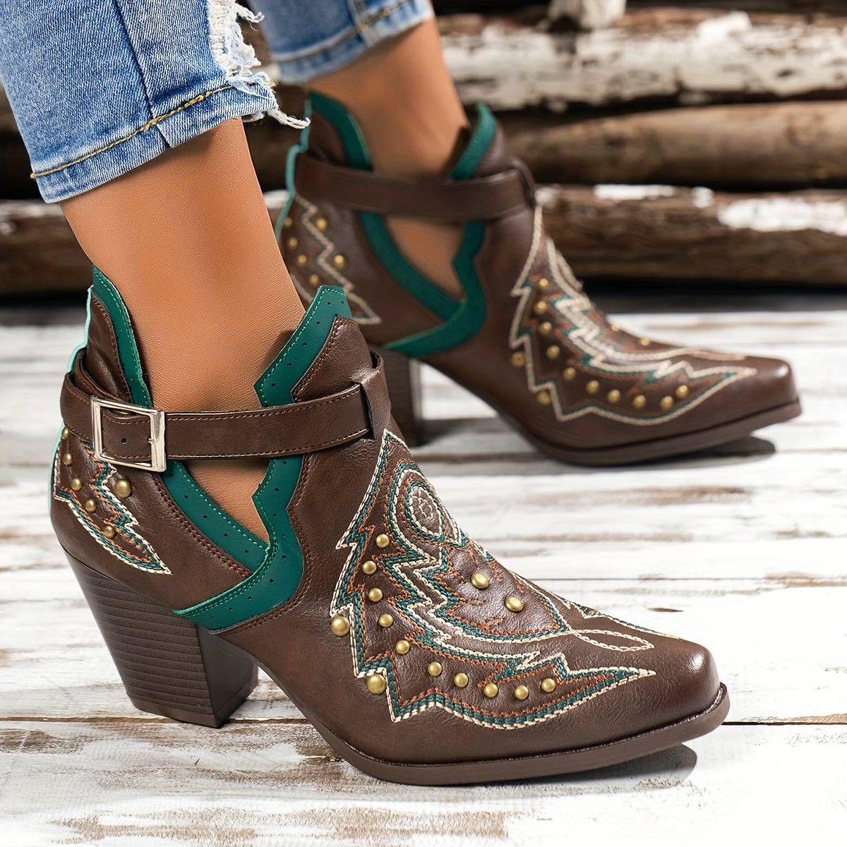 VougeVamp Women's Golden Bead Decor Ankle Boots – Chunky Heel Western Boots with Fashion Buckle Strap - VougeVampUK