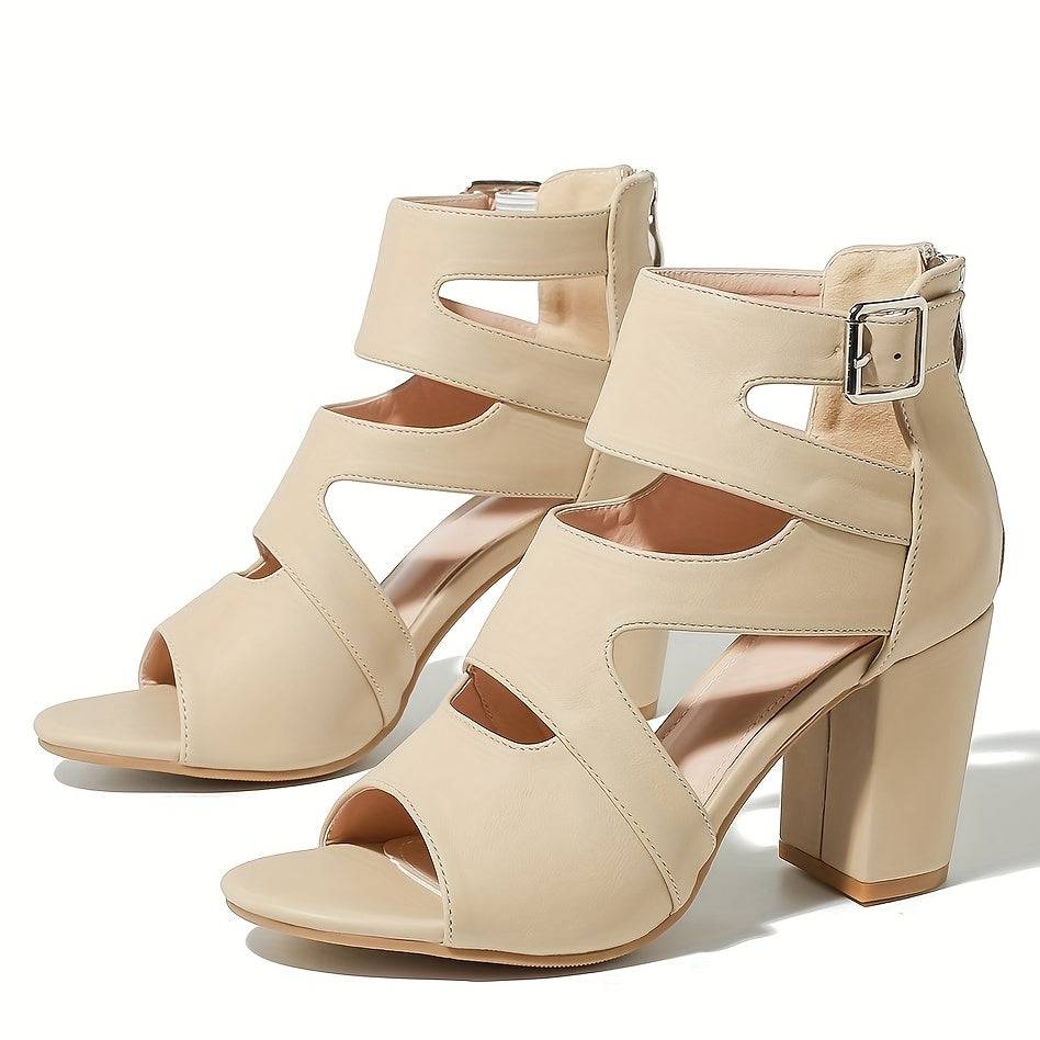 VougeVamp Women's Cutout Block Heel Sandals – Breathable Buckle Strap Summer Pumps with Back Zipper - VougeVampUK